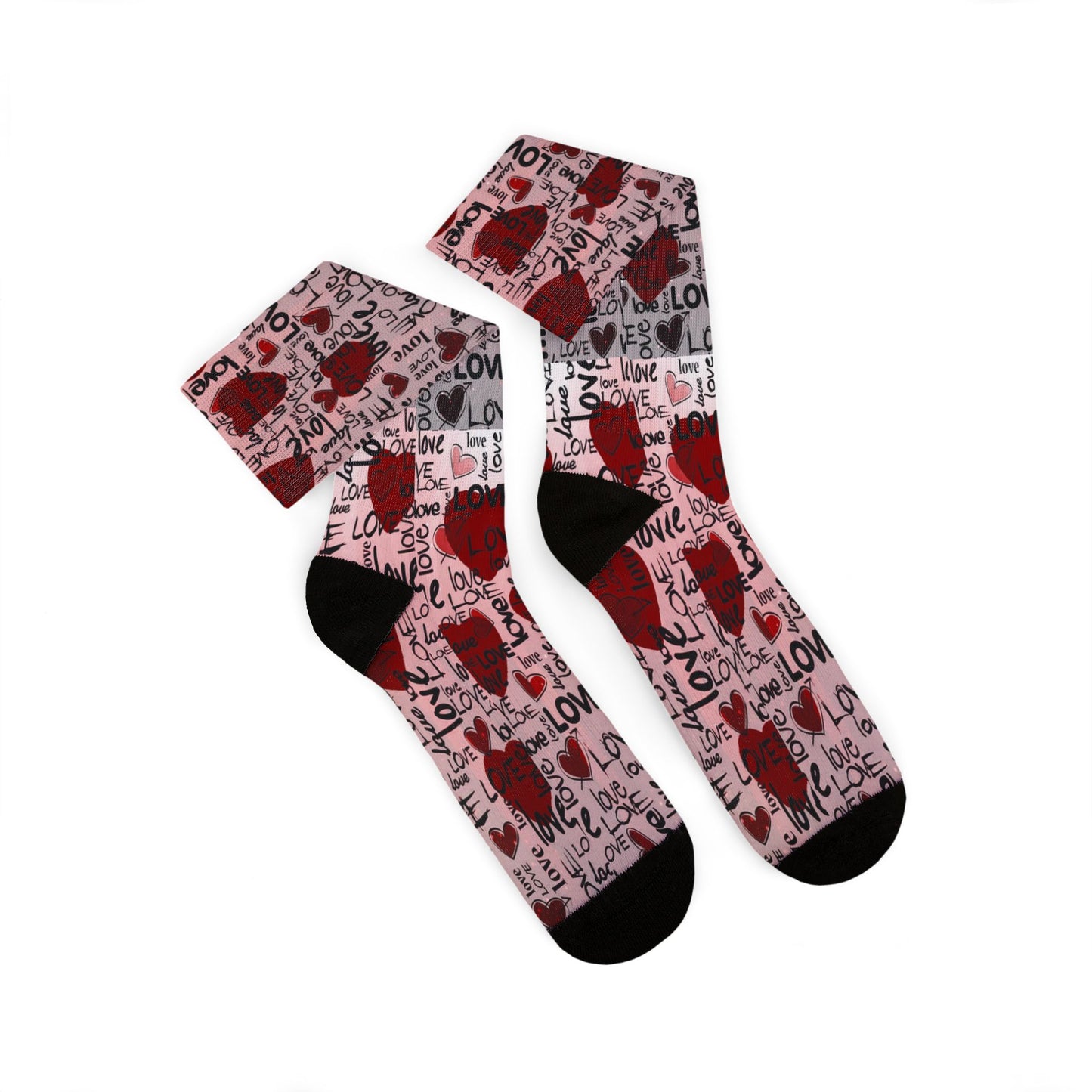 Valentine Heart Sublimation Socks – I Love You Pattern, Red Rose & Script Crew Socks