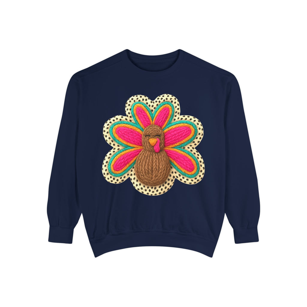 Festive Holiday Designs Turkey Patch Sweatshirt — Colorful Embroidered Thanksgiving Pullover