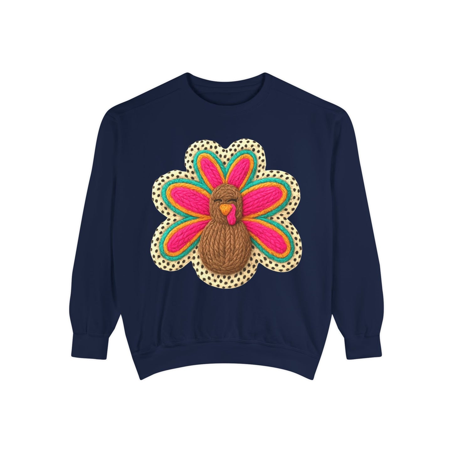 Festive Holiday Designs Turkey Patch Sweatshirt — Colorful Embroidered Thanksgiving Pullover