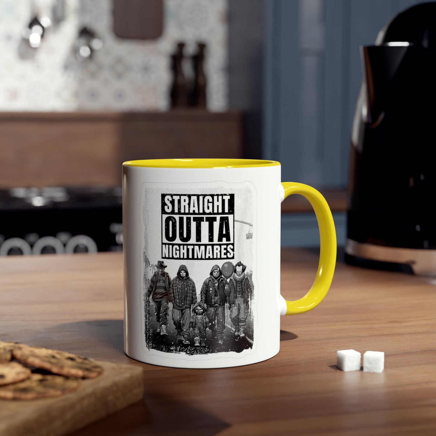 Straight Outta Nightmares Two-Tone Coffee Mug, Unique Gift for Halloween, Fun Office Decor, Red Handle Mug, Collectible Coffee Cup