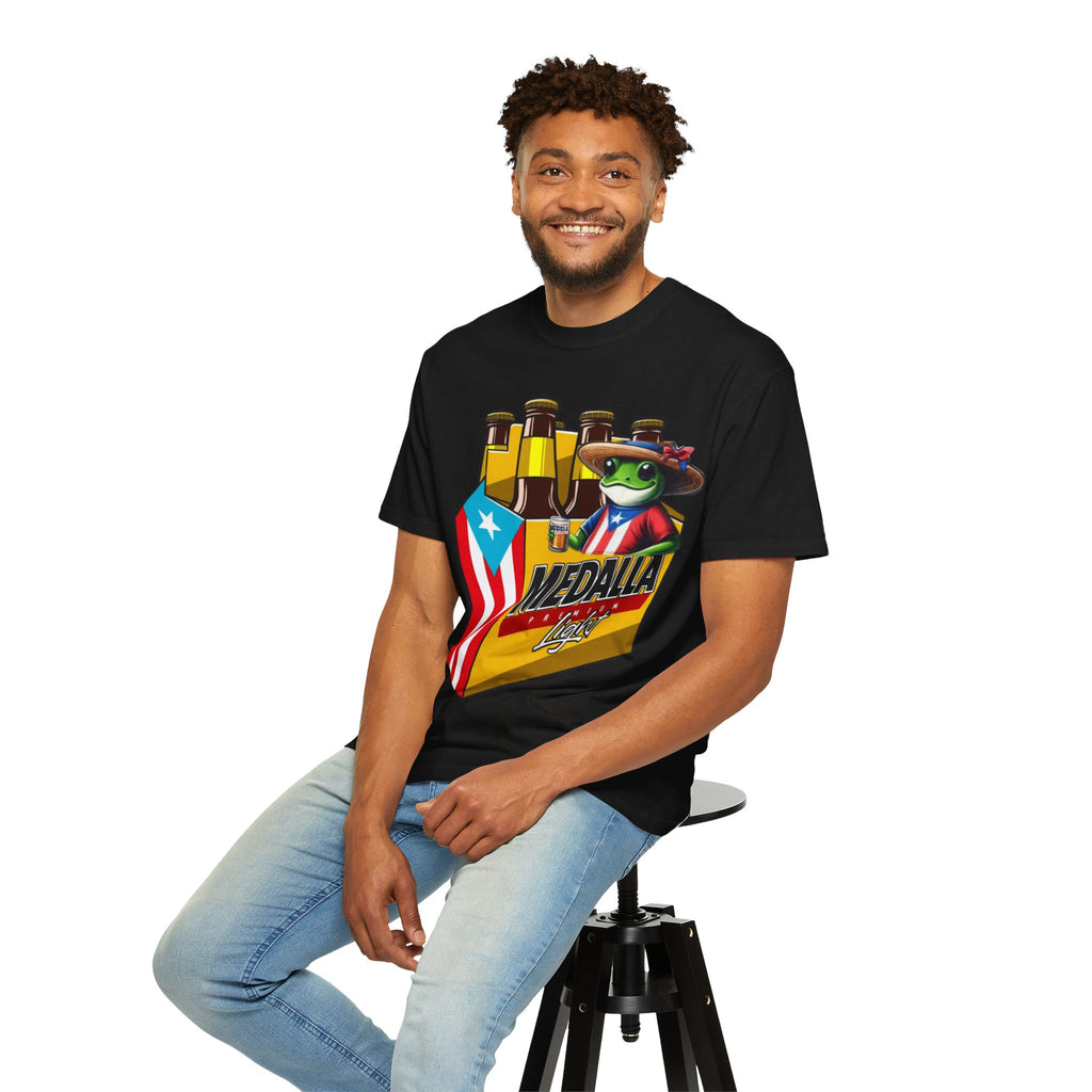 Medalla Light Puerto Rican Beer T-Shirt Coqui Frog Mascot Six-Pack Graphic Tee Puerto Rico’s Navidades