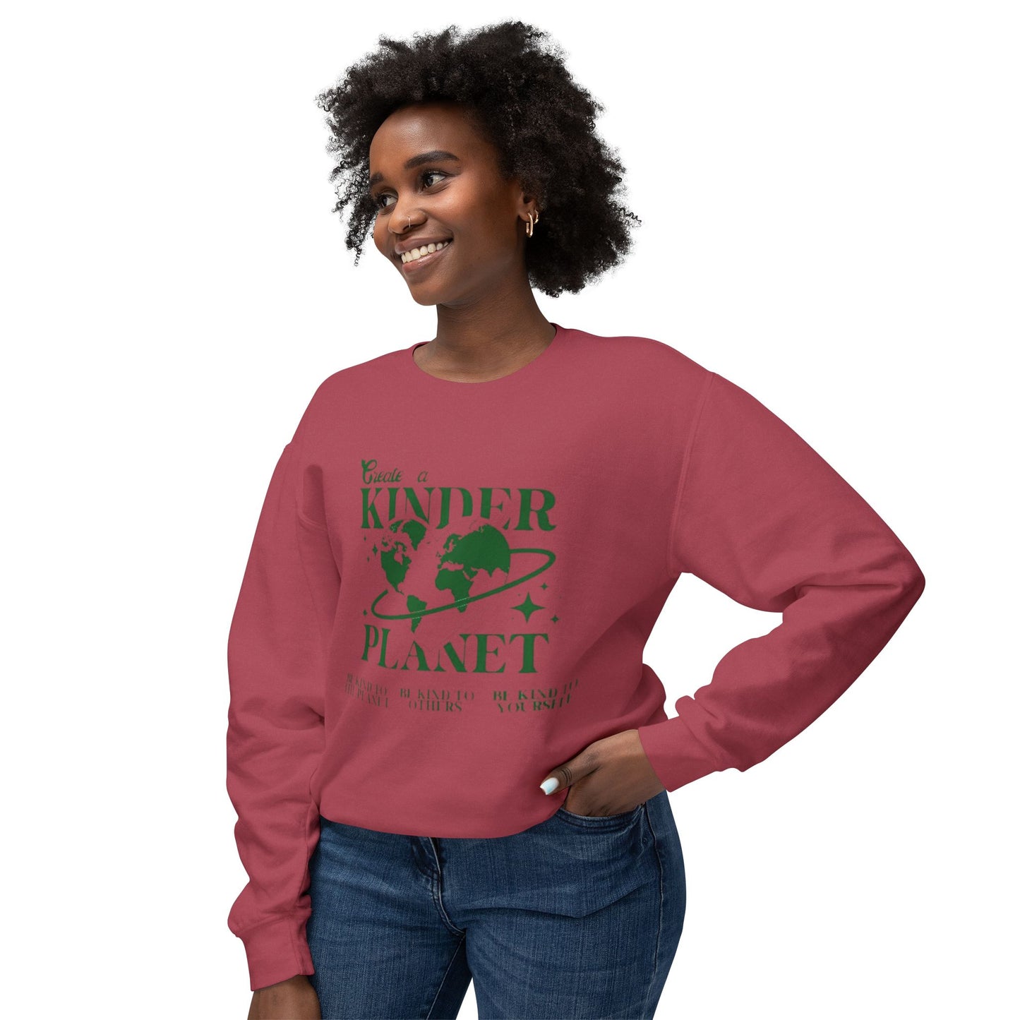 Kinder Planet Crewneck Sweatshirt Eco-Friendly Earth Day Graphic Pullover