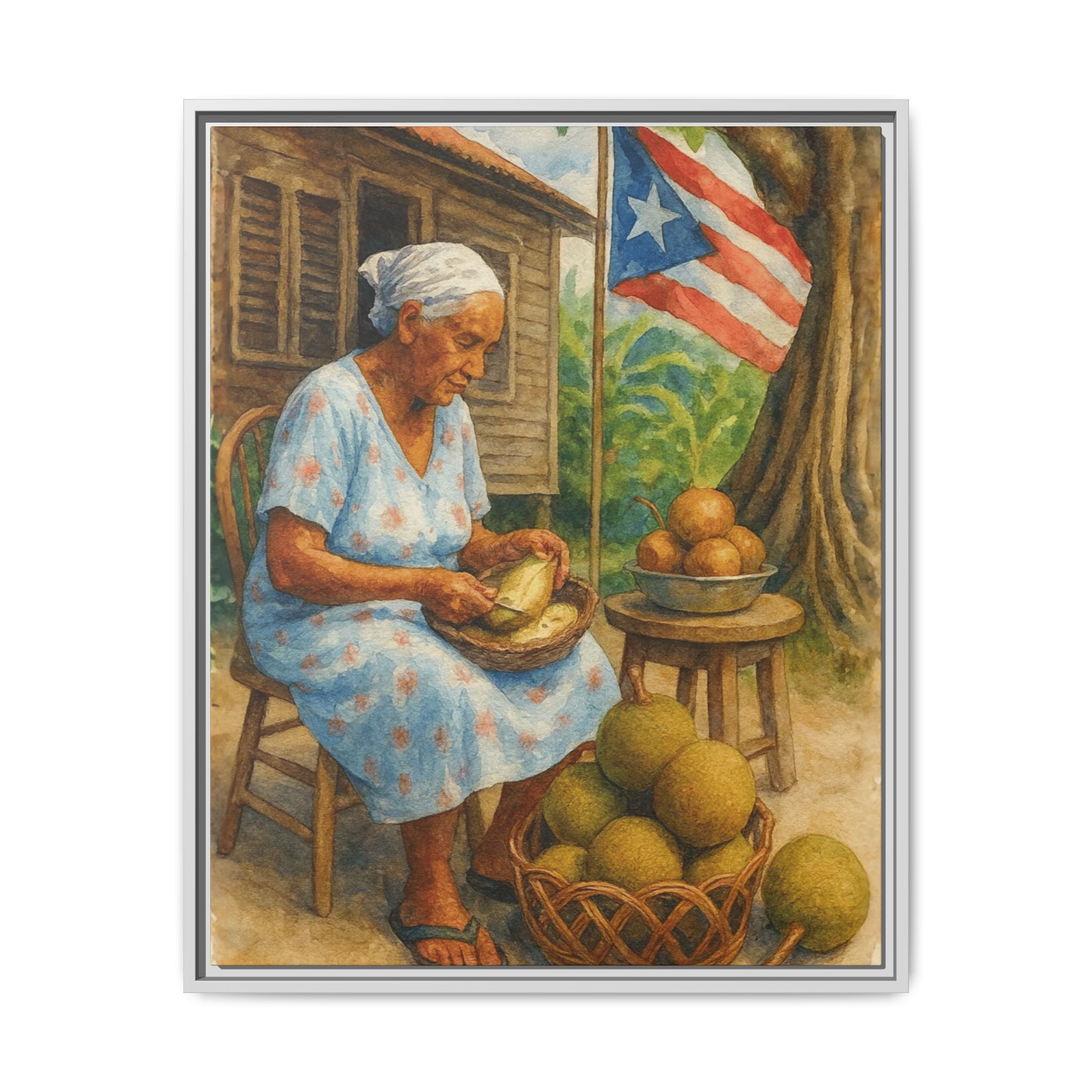 Cultural & Story-Driven These Puerto Rico inspired  Framed Matte Canvas Print  Woman Shelling Fruit Vintage Tropical Painting