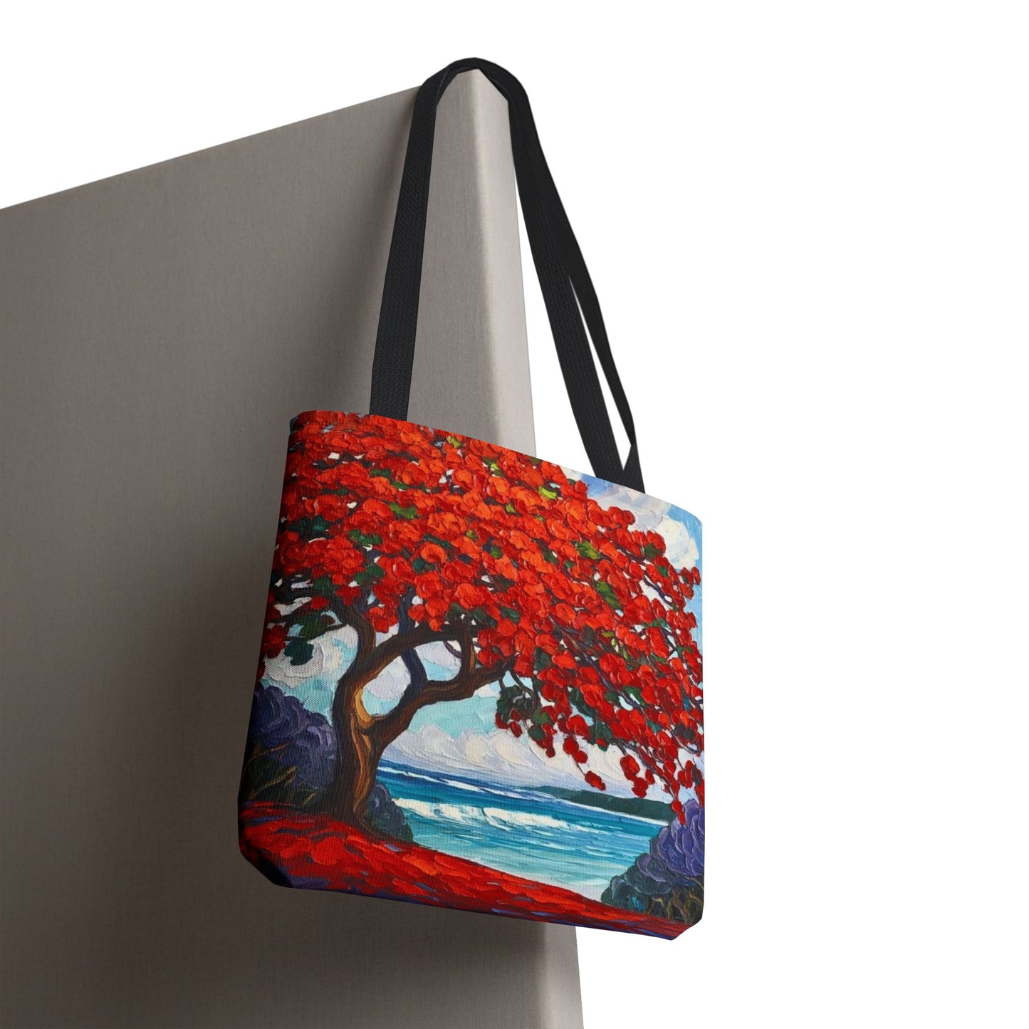 Red Blossom Beach Tote - Tropical Tree Art All-Over Print Tote Bag Crochet-Decorated Tote Bags