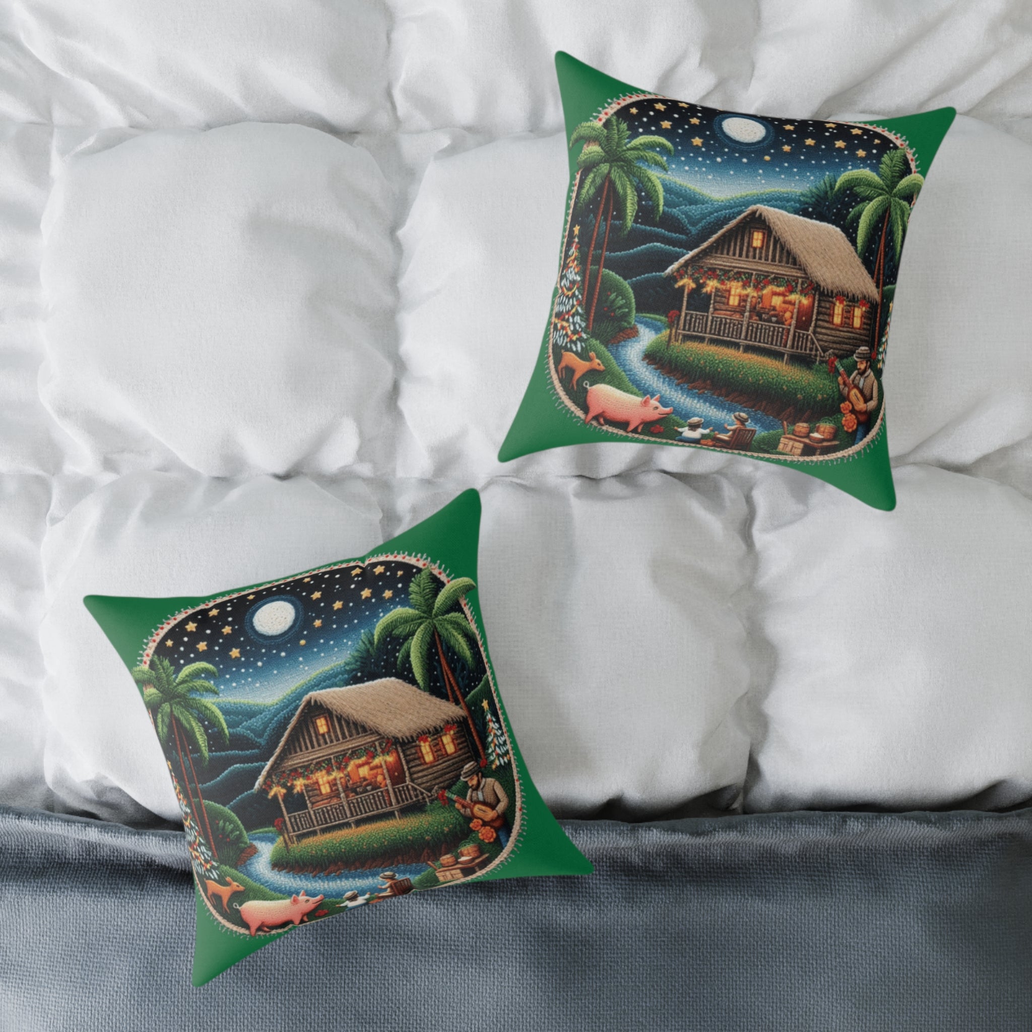Island Night Cottage Pillow  Tropical Moonlit Cabin Throw Pillow Puerto Rico Culture Pillow