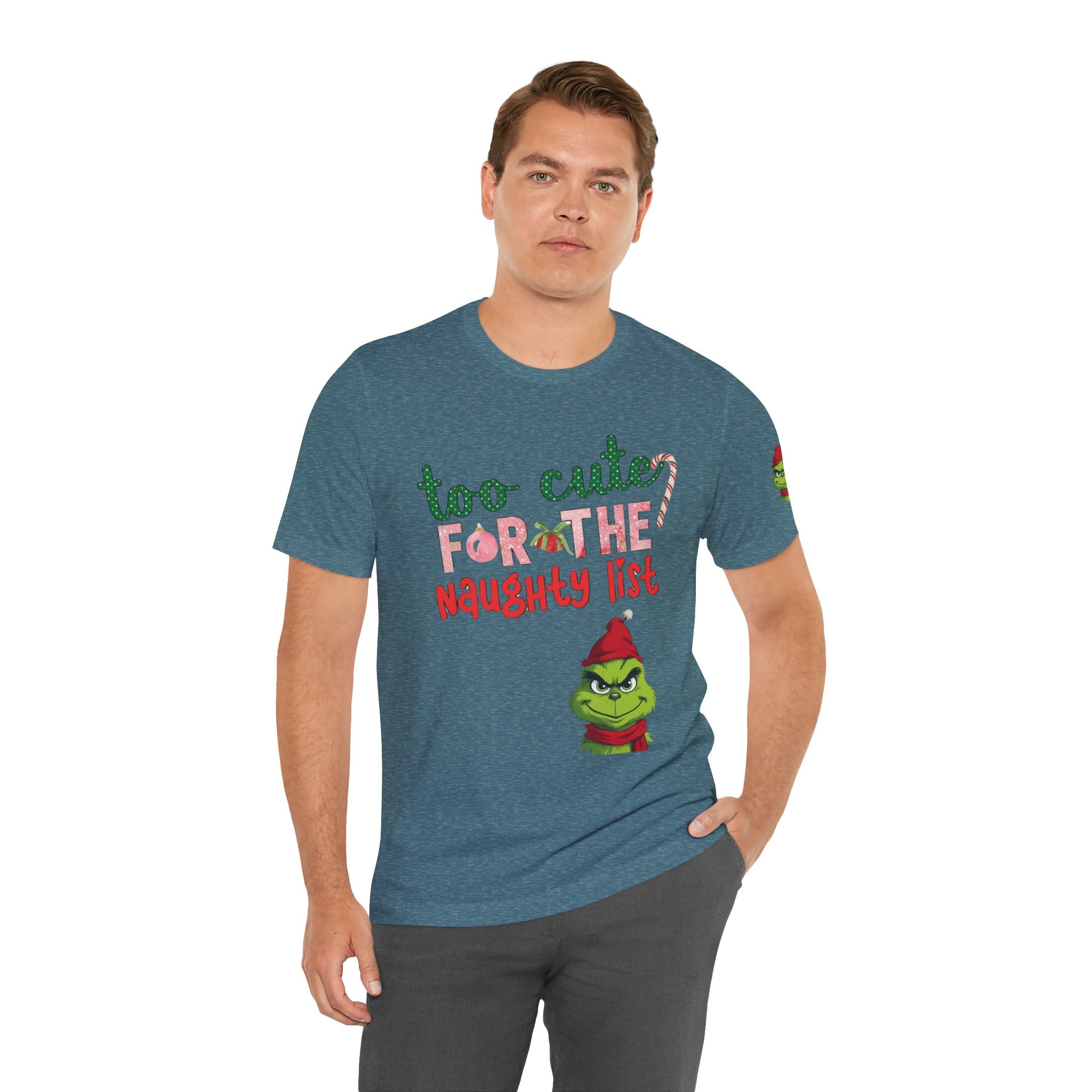 Christmas T-Shirts and Sweatshirts Collection Cute Grinch Holiday Tee 'Too Cute for the Naughty List' Unisex Jersey T-Shirt