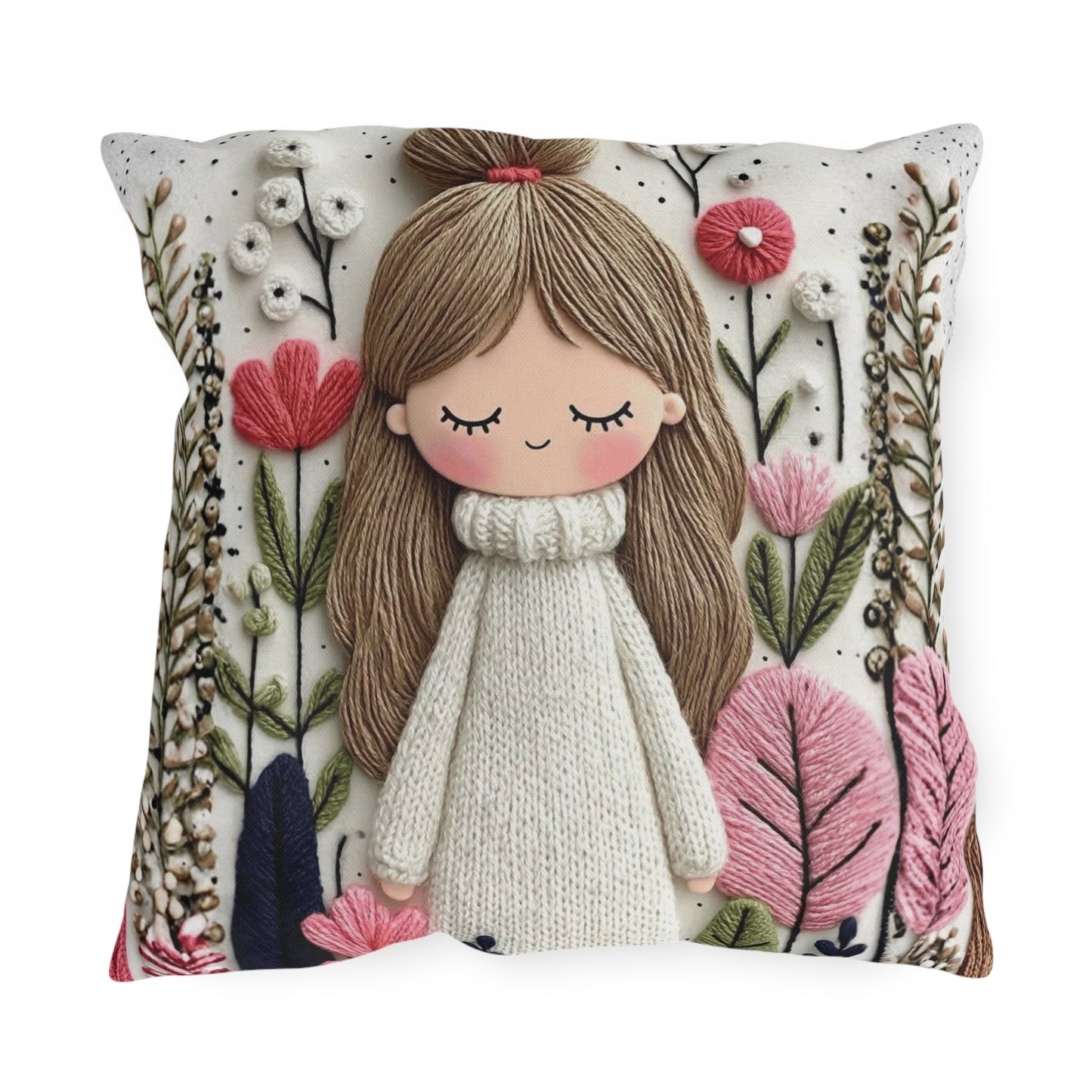 Cute Girl Floral Outdoor Pillow — Whimsical Garden Accent Cushion
