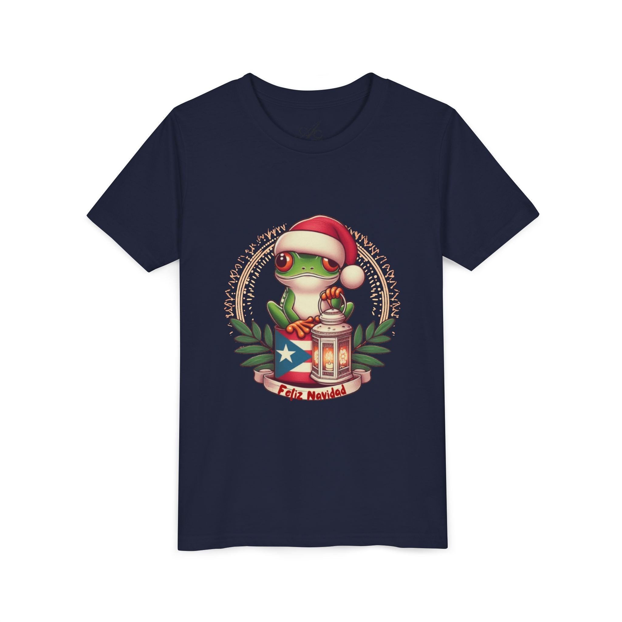 Kids Tee Cute Frog with Puerto Rican Flag & Lantern (Feliz Navidad)