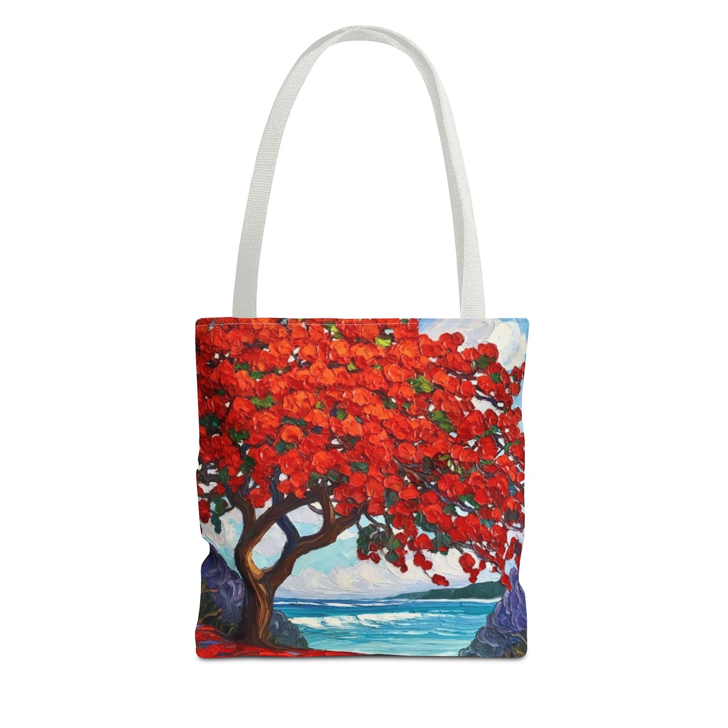 Red Blossom Beach Tote - Tropical Tree Art All-Over Print Tote Bag Crochet-Decorated Tote Bags