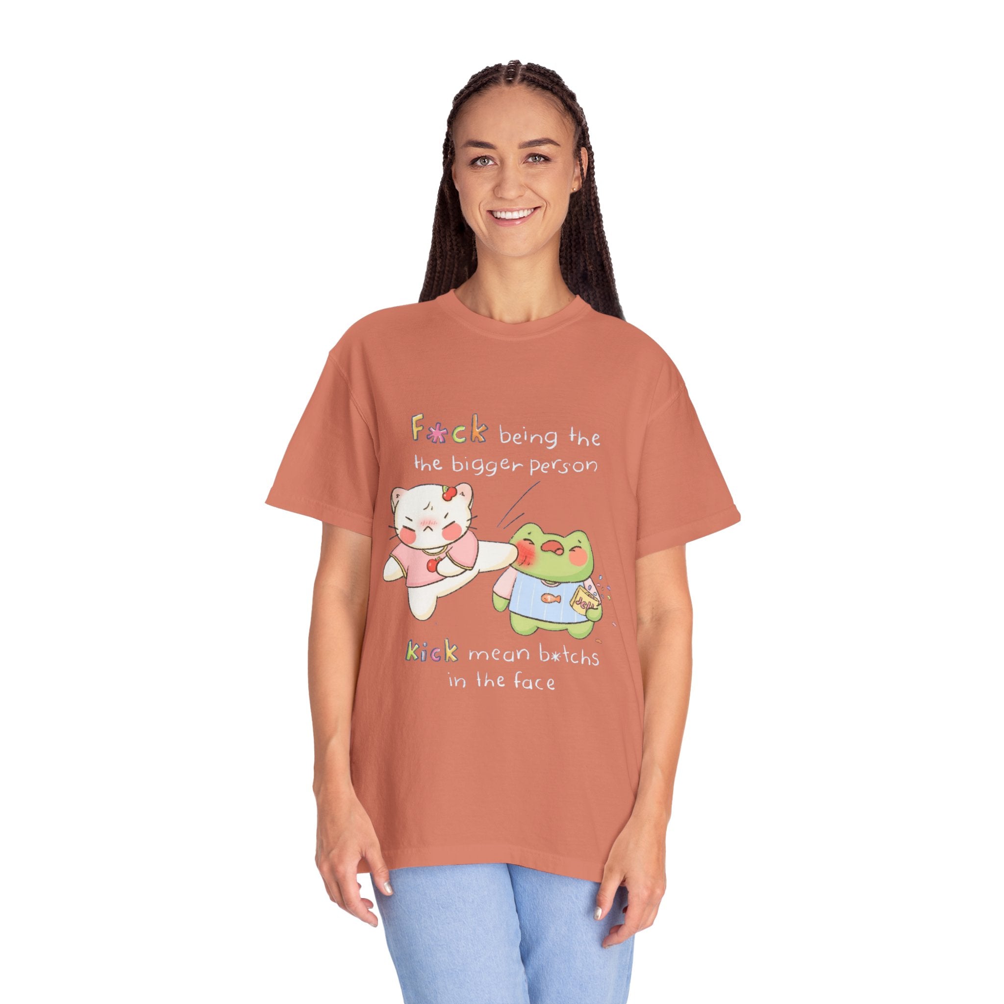 Graphic T-Shirt  Cute Kicking Cat & Frog with 'F*ck Being The Bigger Person' Slogan
