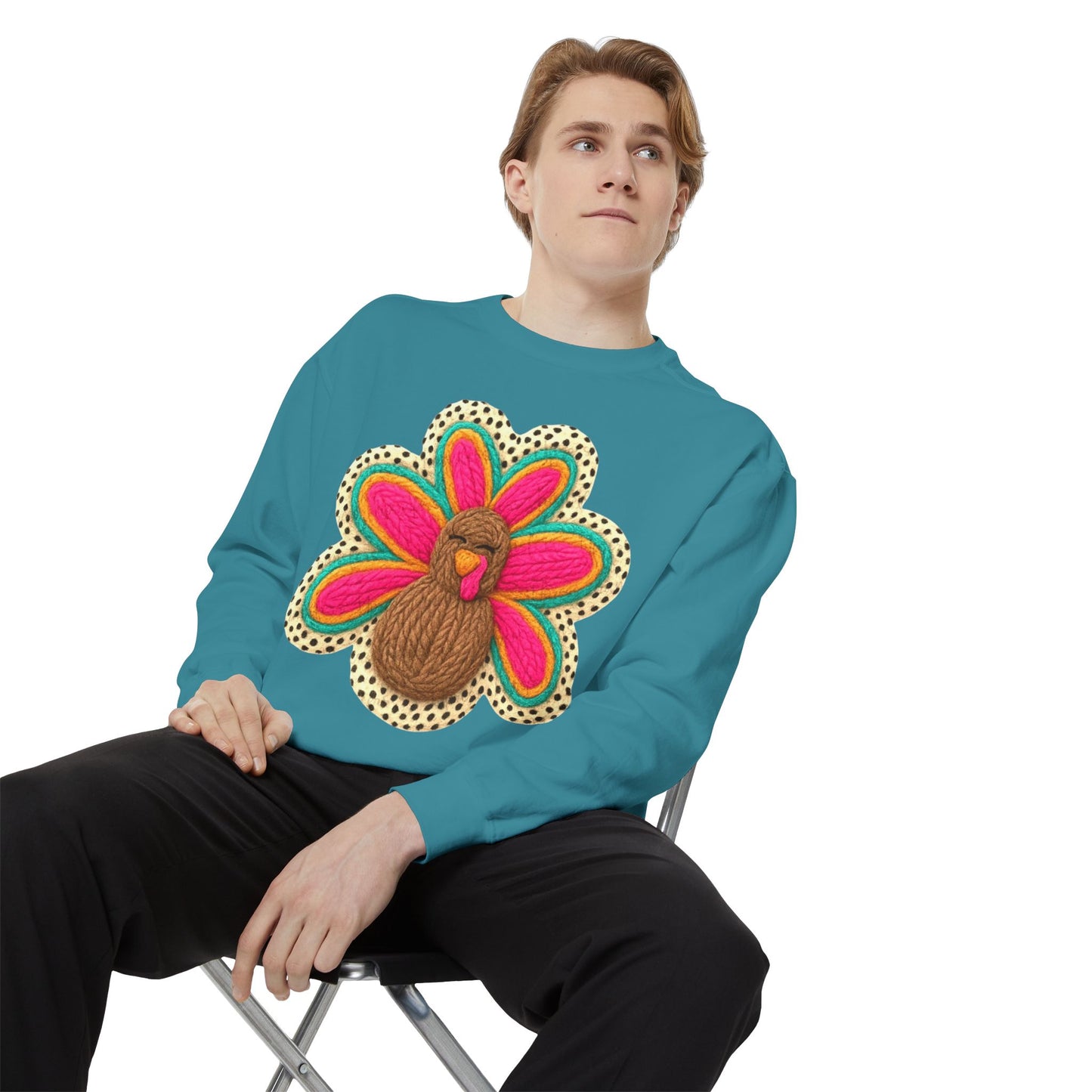 Festive Holiday Designs Turkey Patch Sweatshirt — Colorful Embroidered Thanksgiving Pullover