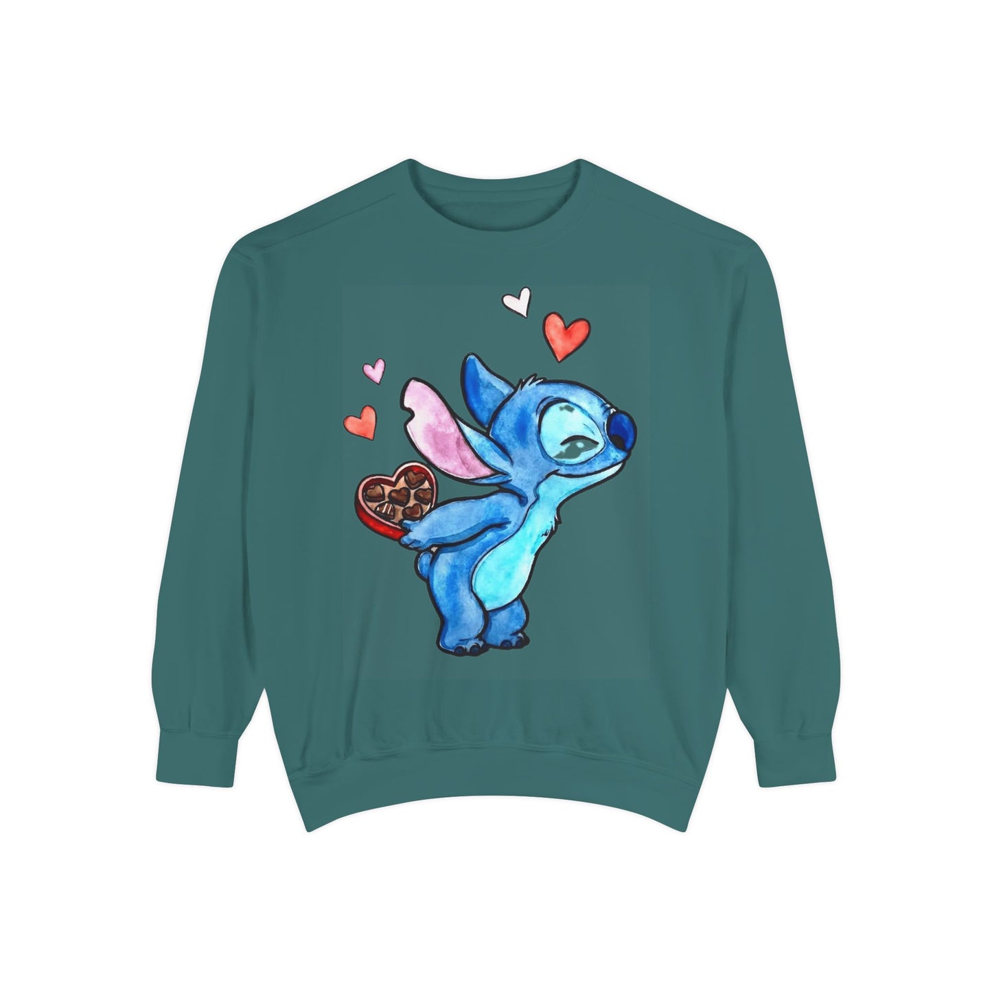 Stitch Valentine Sweatshirt — Cute Blue Alien with Hearts & Chocolate Pocket