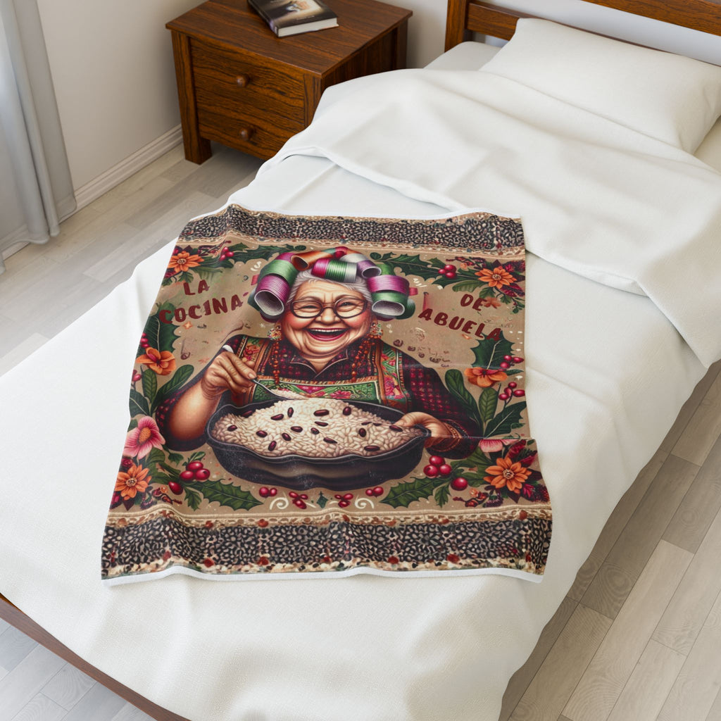 Grandma’s Cocina Velveteen Plush Blanket —Abuela Cooking Illustration Throw