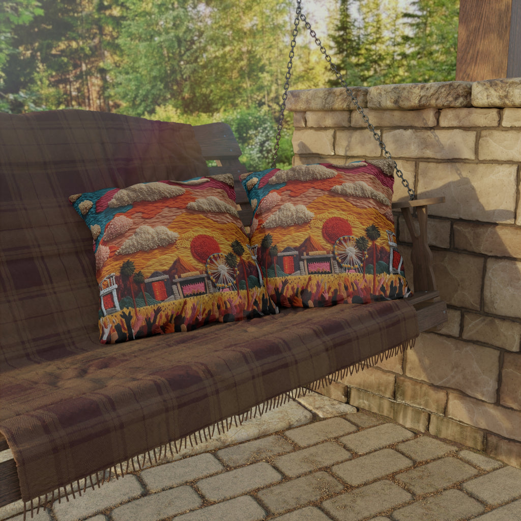 Retro Festival Outdoor Pillow — Sunset Carnival Embroidered Design