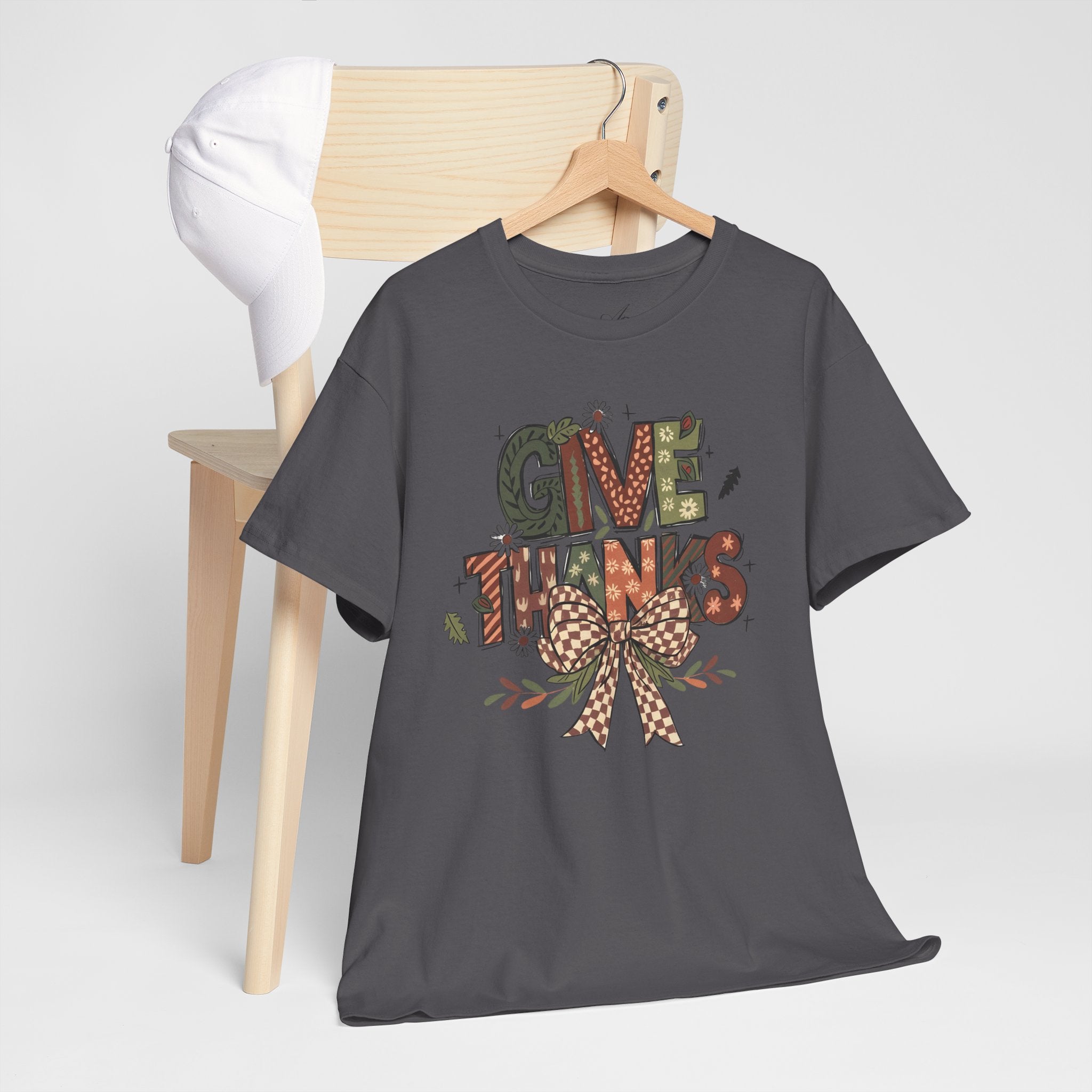 Give Thanks Tee Thanksgiving Graphic T-Shirt with Rustic Bow Design