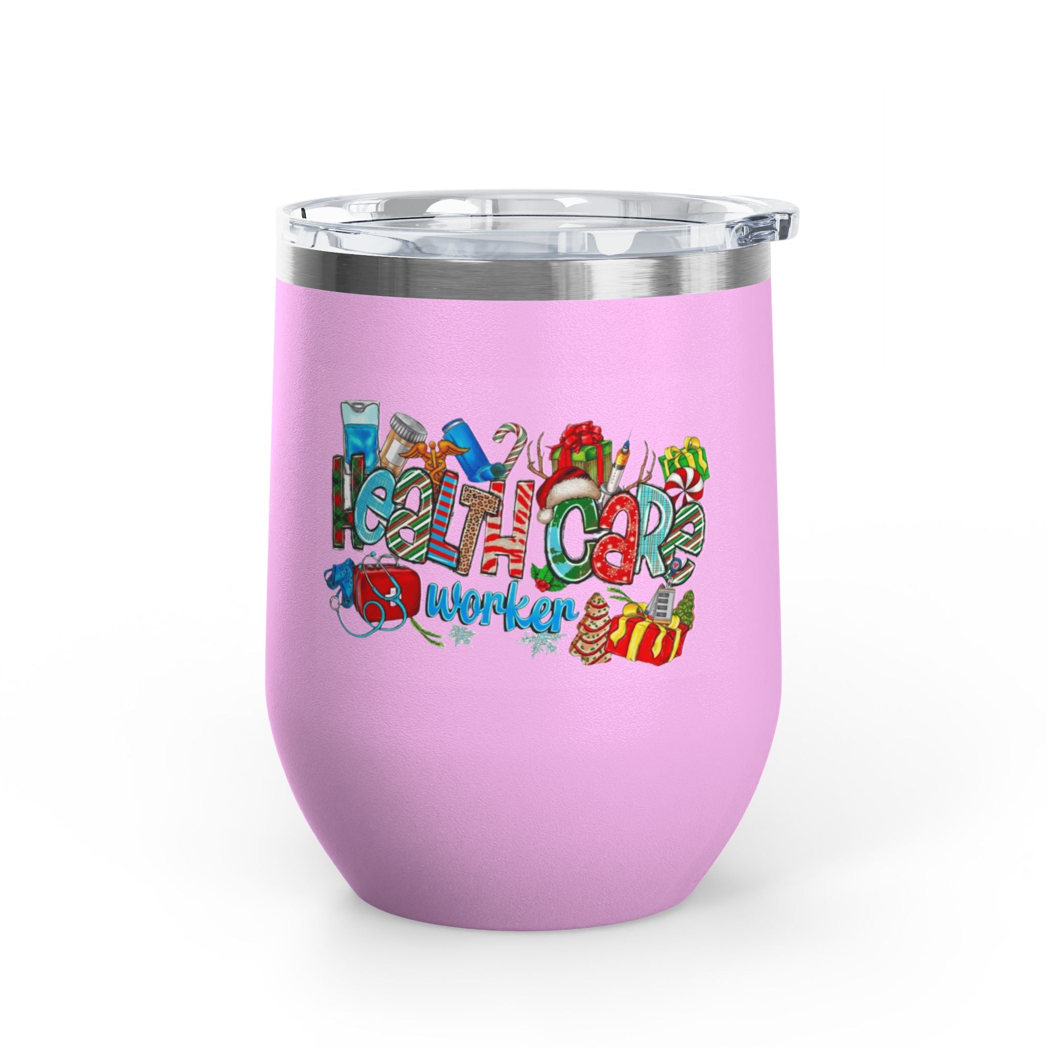 Healthcare Worker 12oz Wine Tumbler — Colorful Holiday Medical Staff Gift Medical Christmas Mug