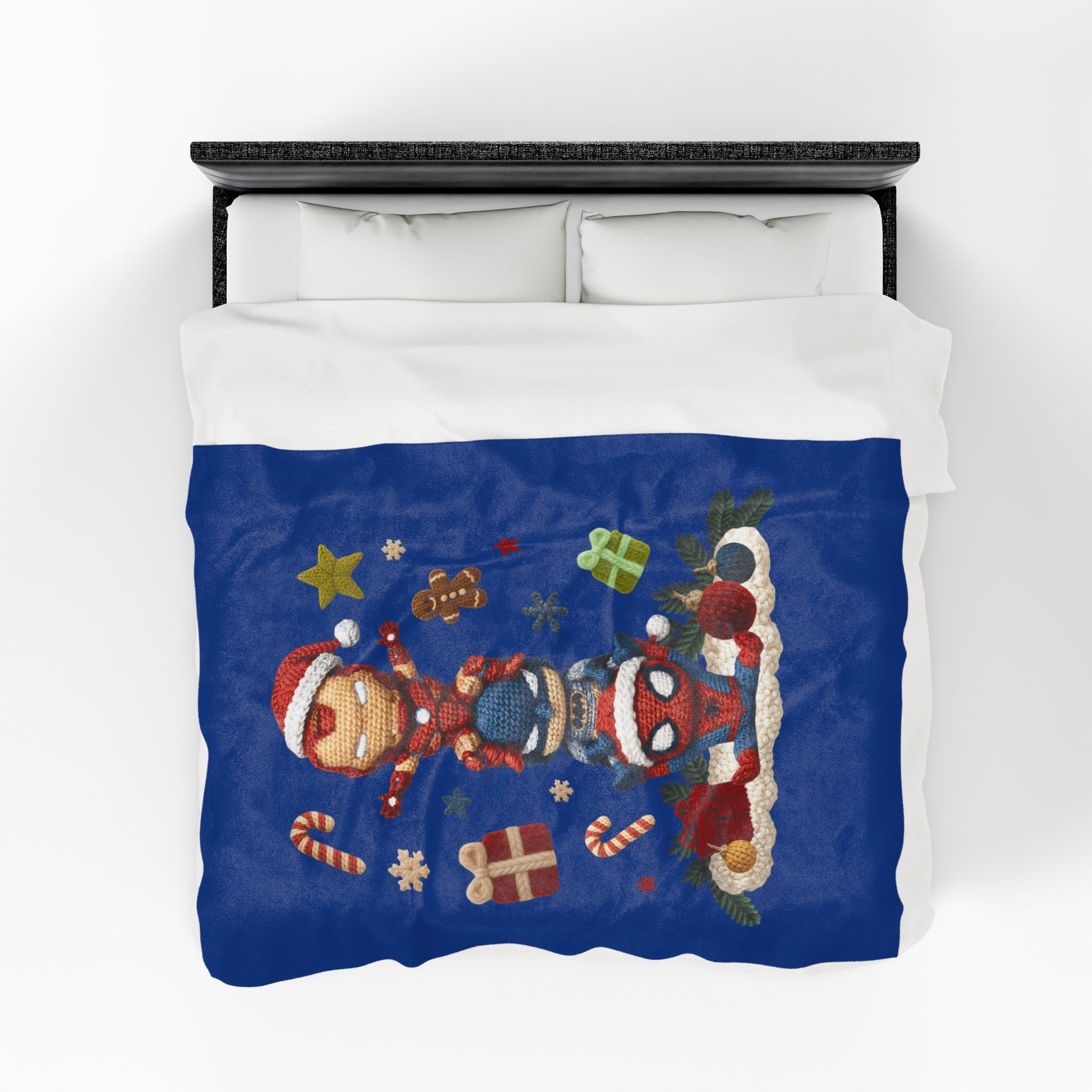 Plush Holiday Marvel Blanket — Cute Iron Man, Captain America & Spider-Man Stack with Christmas Gifts