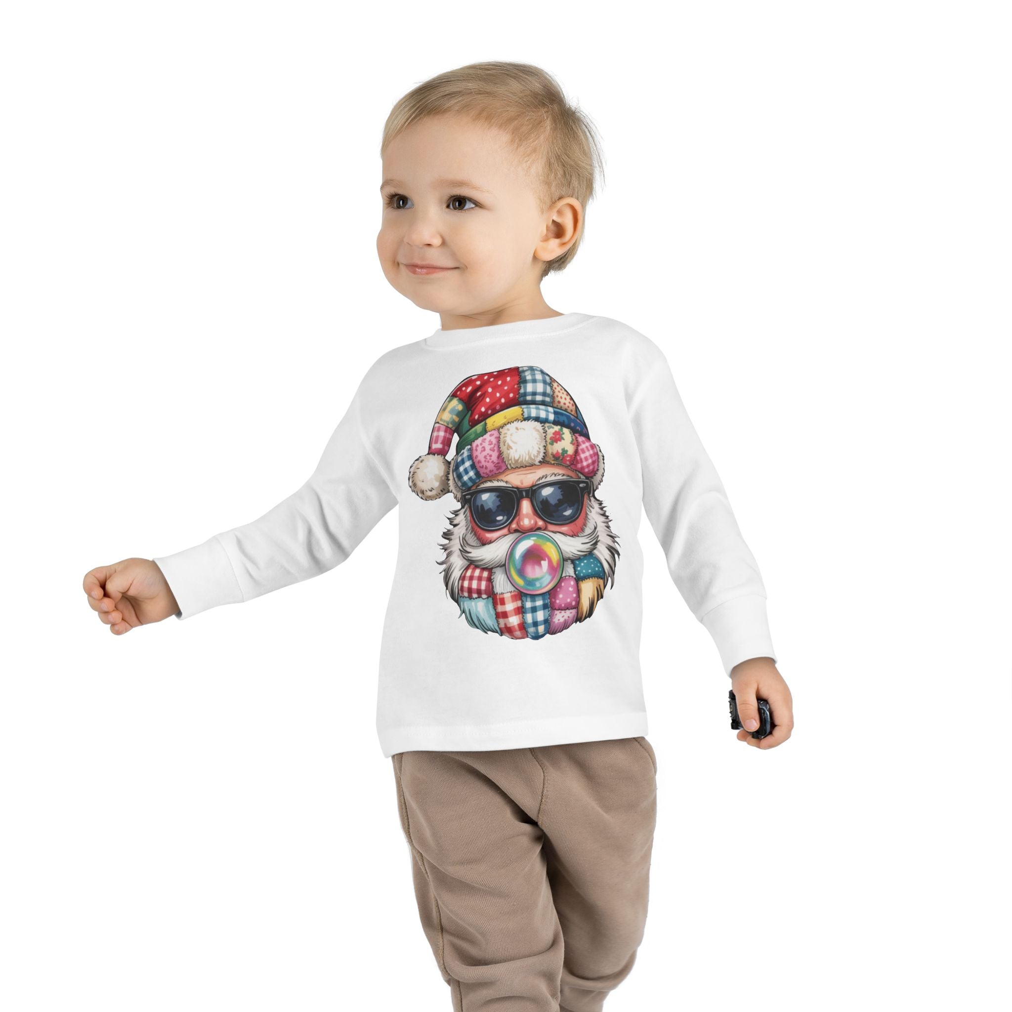 Toddler Long Sleeve Tee  Cool Santa with Patchwork Hat & Bubblegum Graphic