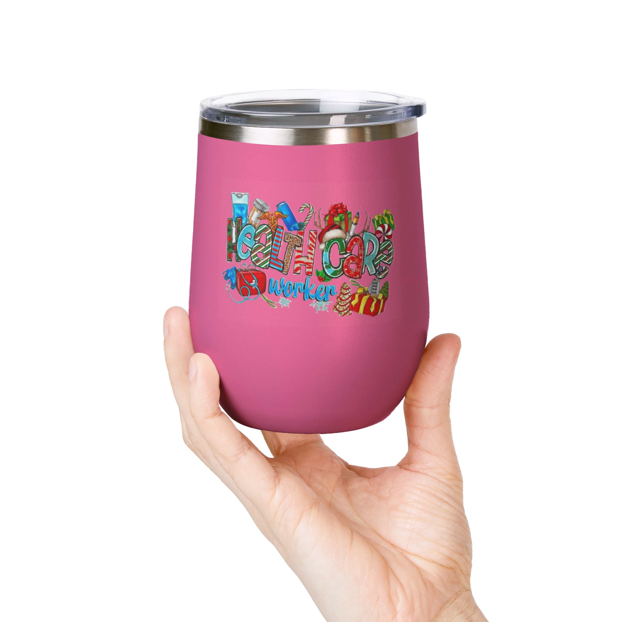 Healthcare Worker 12oz Wine Tumbler — Colorful Holiday Medical Staff Gift Medical Christmas Mug