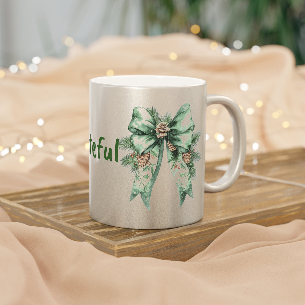 Grateful Holiday Metallic Mug - Silver/Gold with Festive Bow Design
