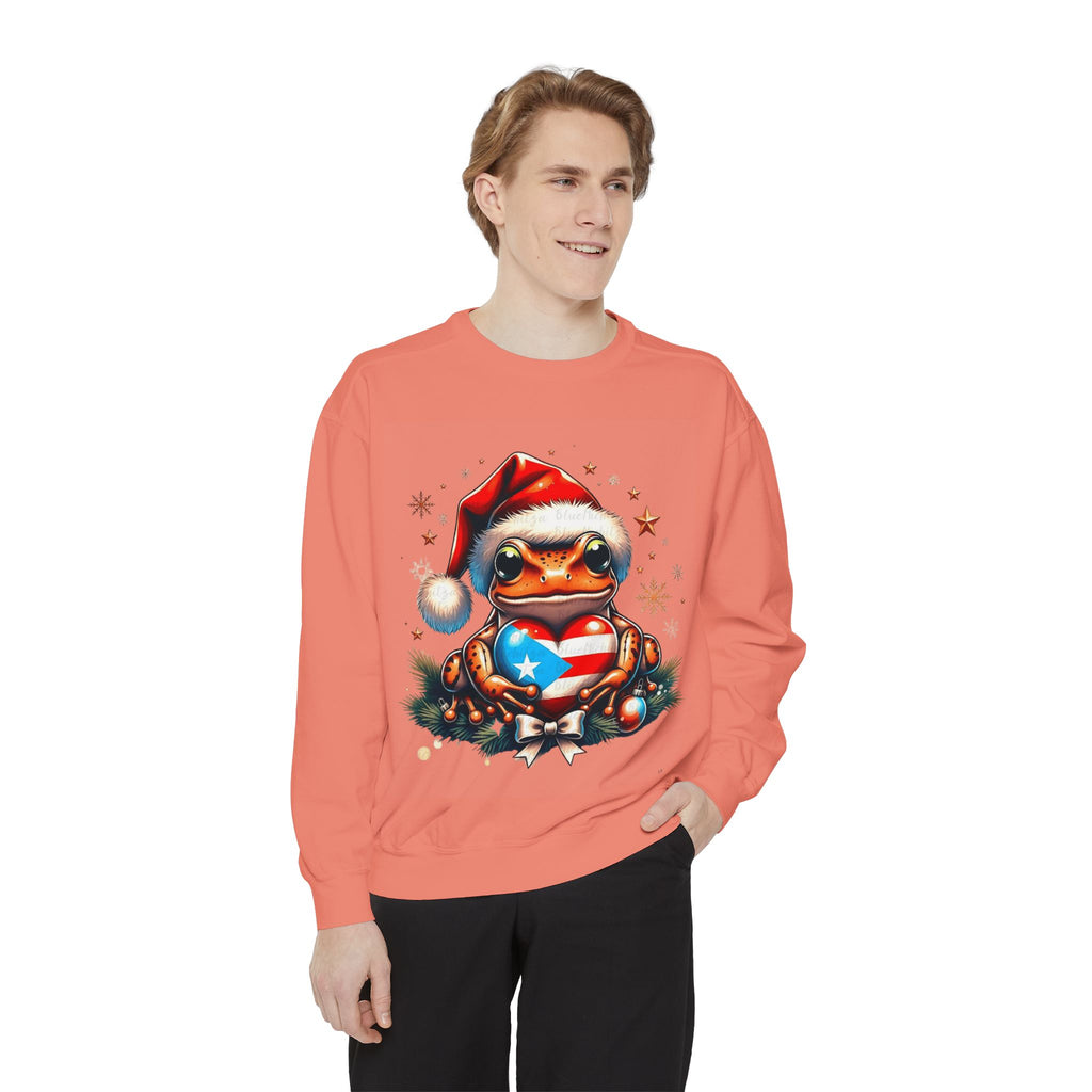 Christmas Coqui Sweatshirt — Cute Santa Frog Holding Ornament Holiday Sweater