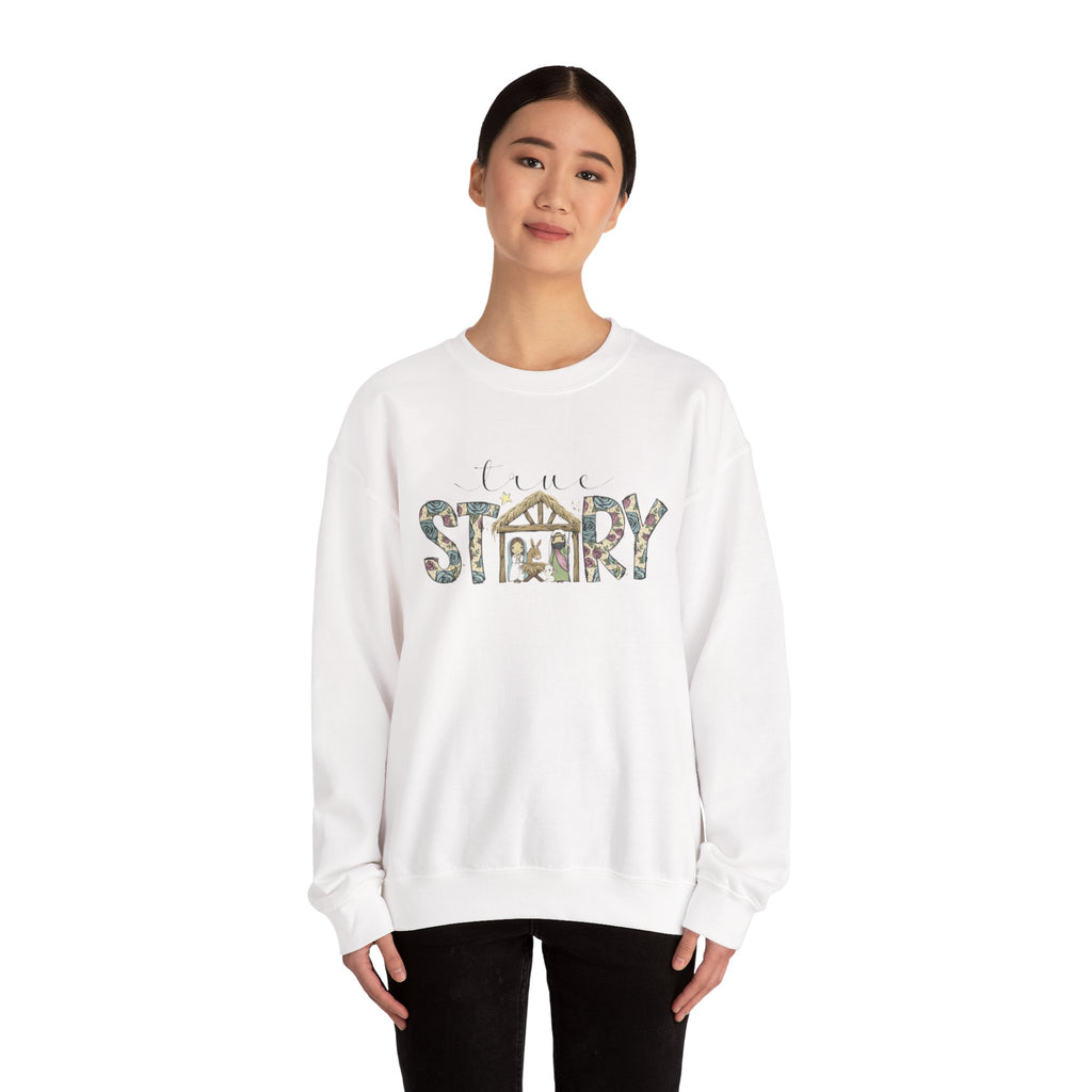 Crewneck Sweatshirt "Come Story" Floral Nativity Design  Cozy Christmas Pullover unique festive designs and joyful