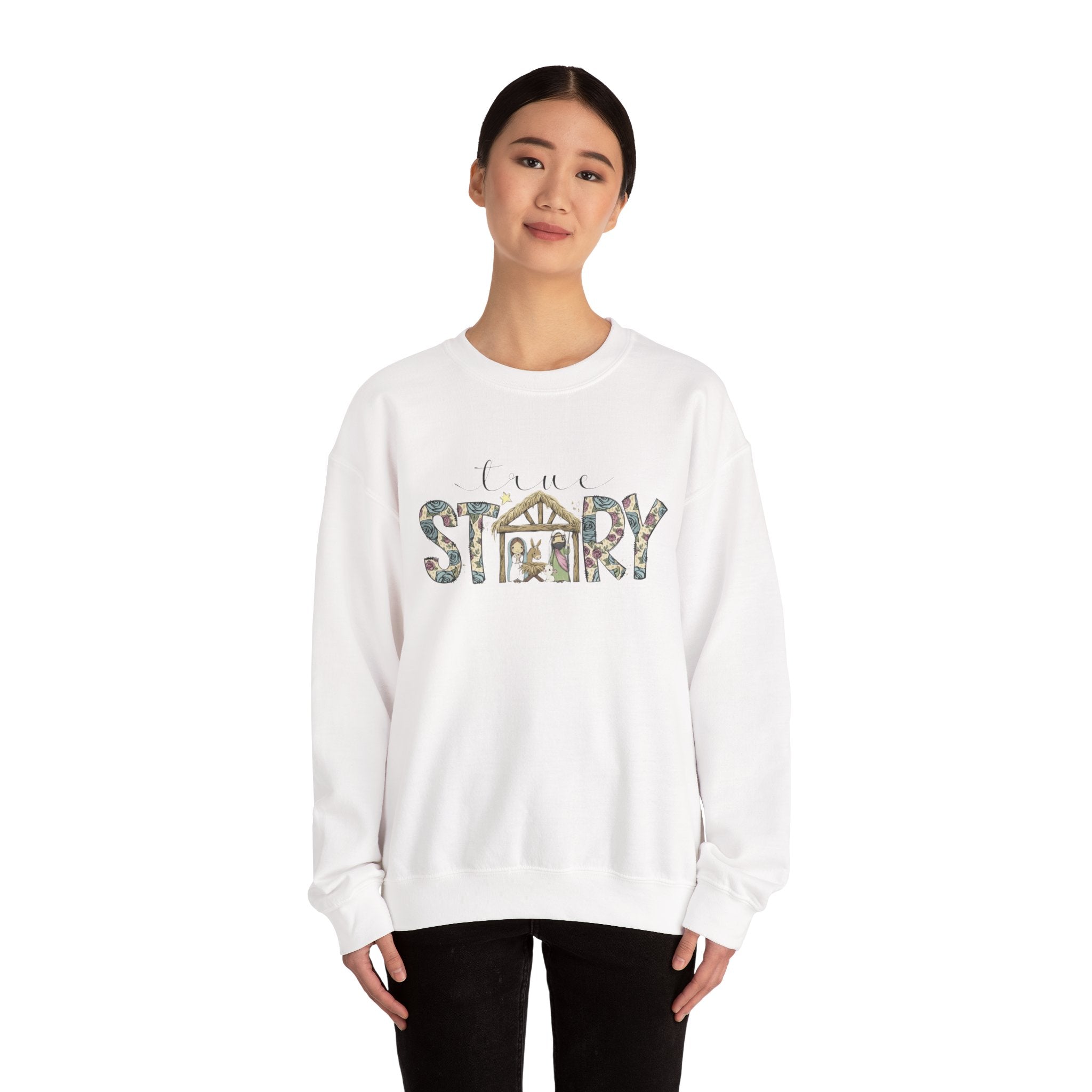 Crewneck Sweatshirt "Come Story" Floral Nativity Design  Cozy Christmas Pullover unique festive designs and joyful