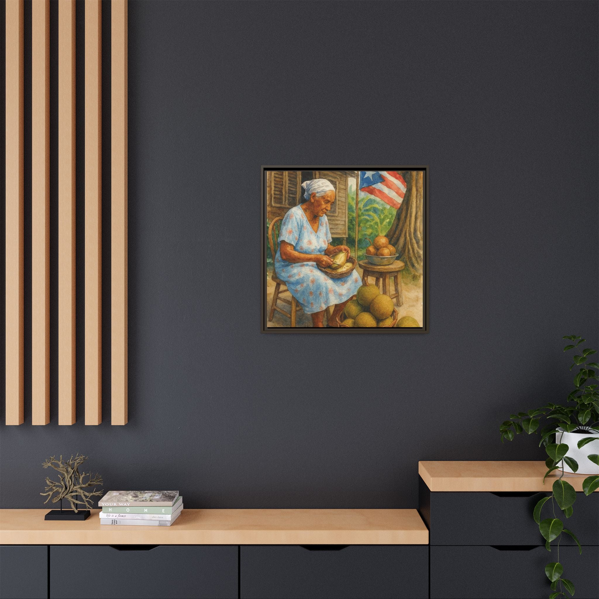 Cultural & Story-Driven These Puerto Rico inspired  Framed Matte Canvas Print  Woman Shelling Fruit Vintage Tropical Painting