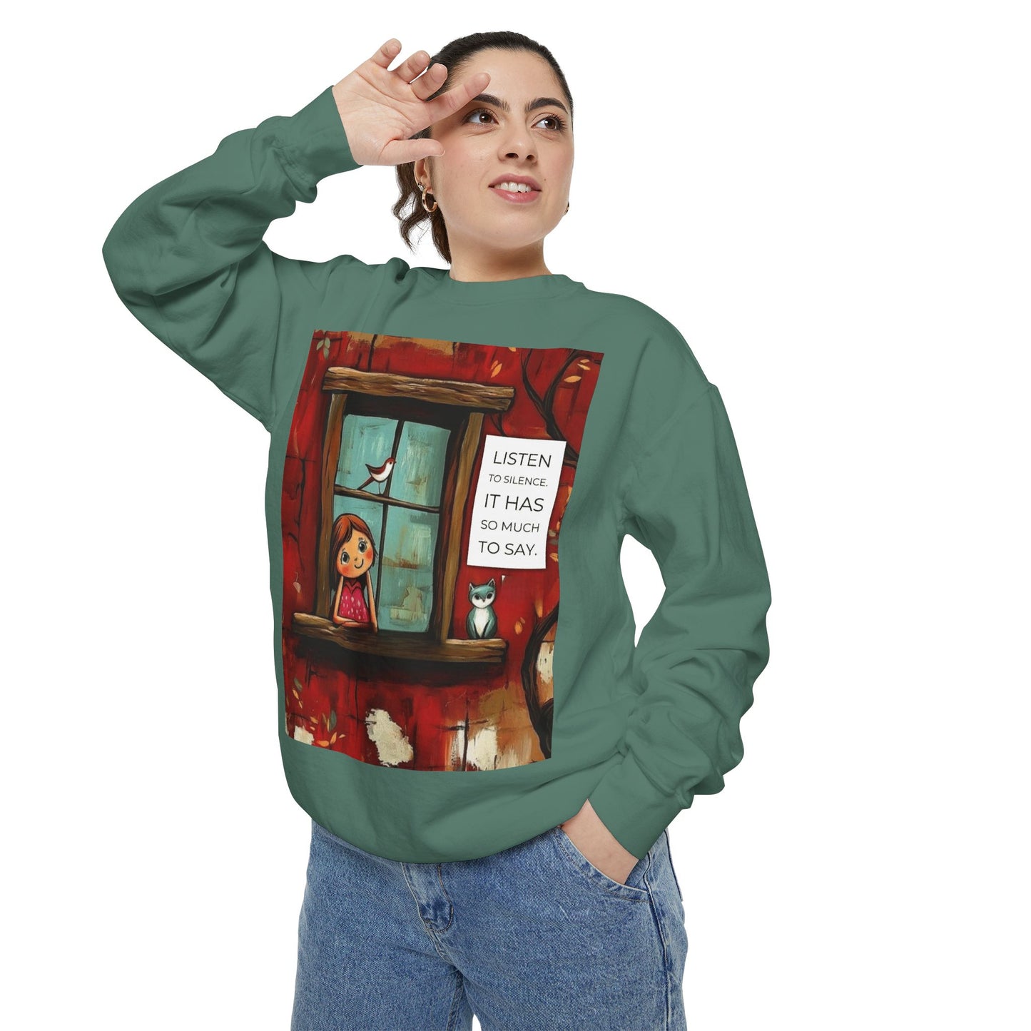 Cozy Window Scene Sweatshirt  "Listen, It Has So Much to Say" Graphic