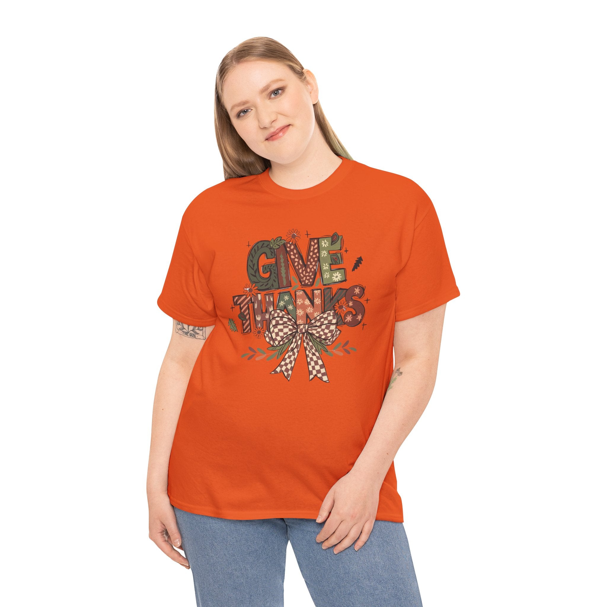 Give Thanks Tee Thanksgiving Graphic T-Shirt with Rustic Bow Design