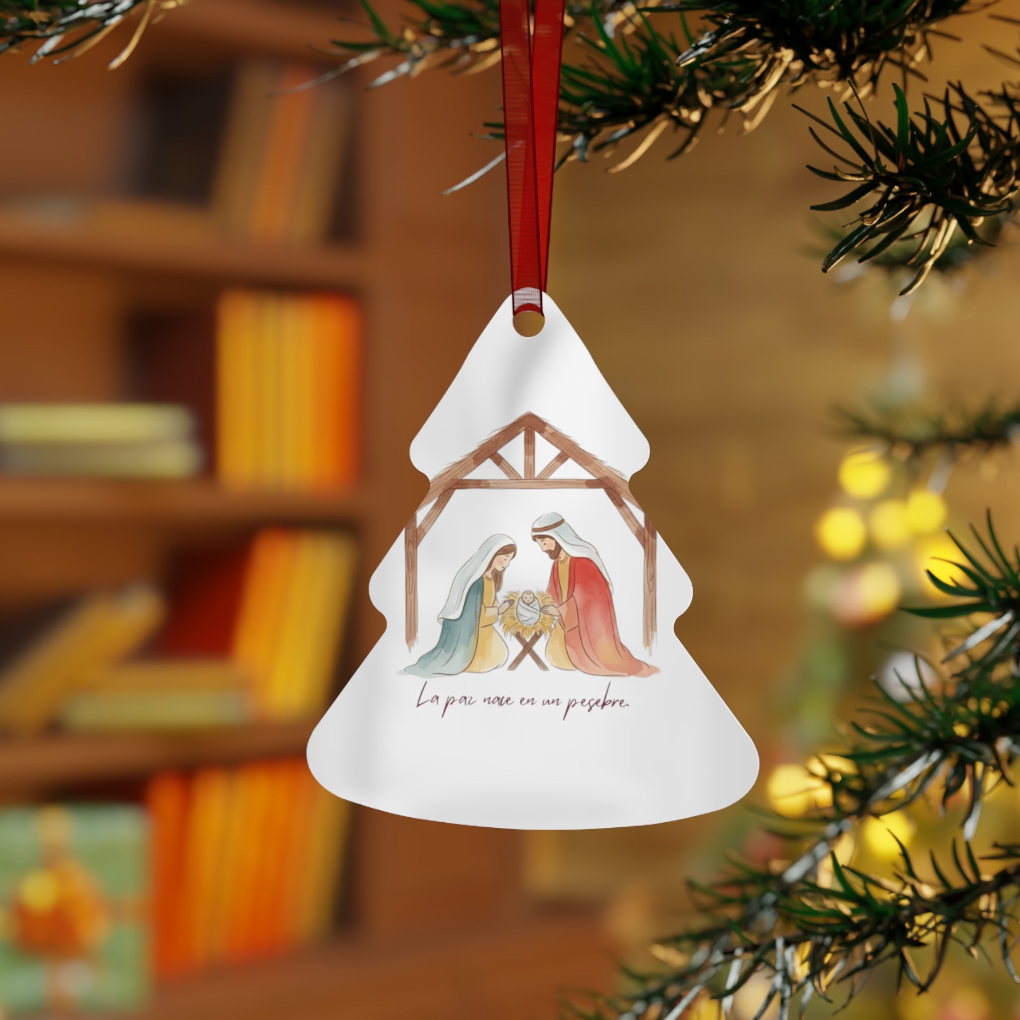 Nativity Metal Ornament — "La paz nace en un pesebre" Christmas Decoration