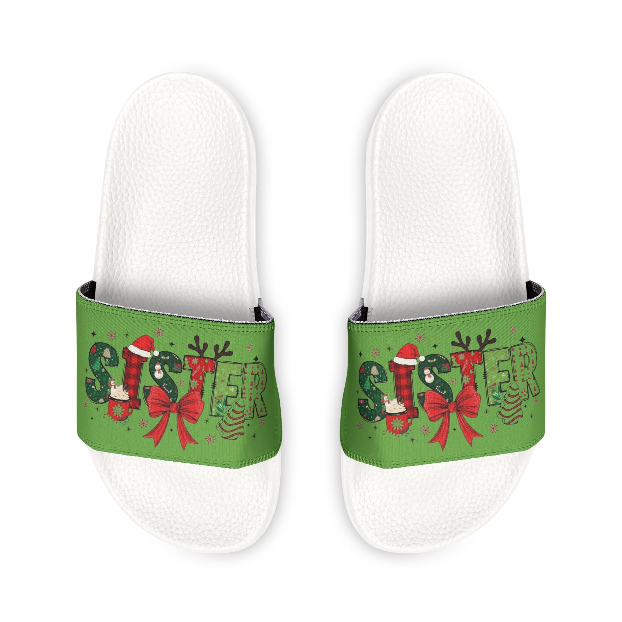 Sister Women's Holiday Slide Sandals — Green 'Joy' Gift Bow Design