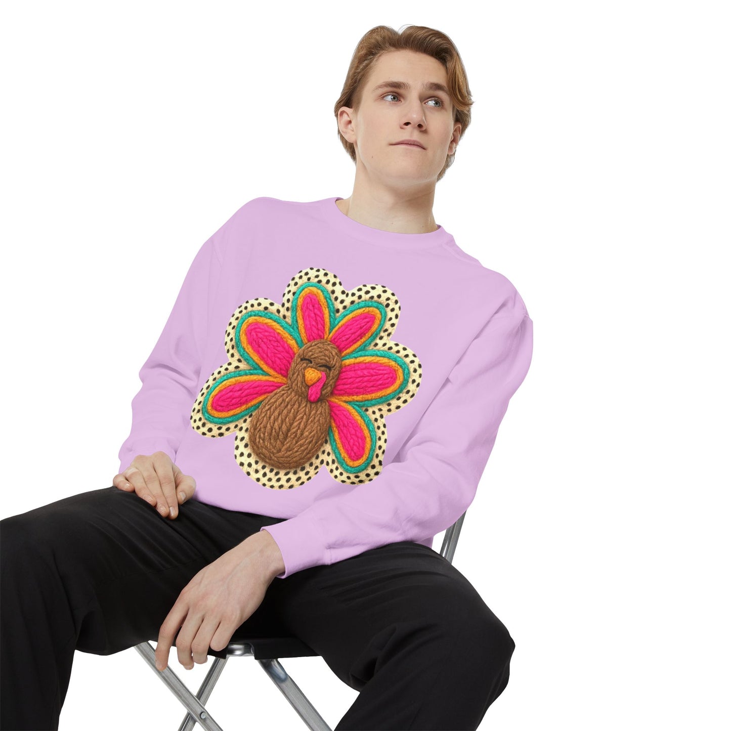 Festive Holiday Designs Turkey Patch Sweatshirt — Colorful Embroidered Thanksgiving Pullover