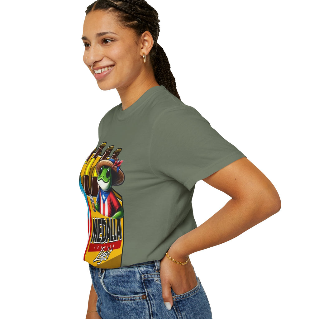 Medalla Light Puerto Rican Beer T-Shirt Coqui Frog Mascot Six-Pack Graphic Tee Puerto Rico’s Navidades