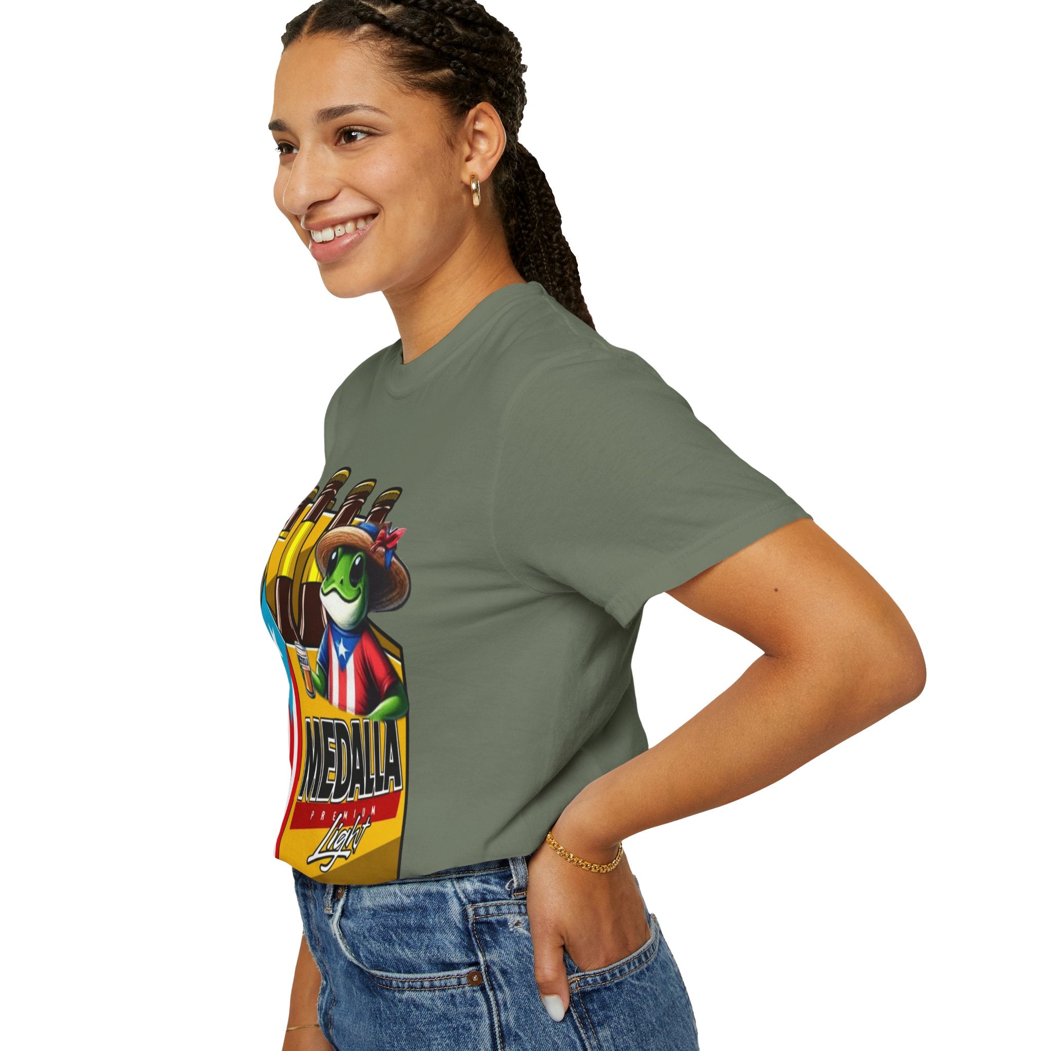 Medalla Light Puerto Rican Beer T-Shirt Coqui Frog Mascot Six-Pack Graphic Tee Puerto Rico’s Navidades