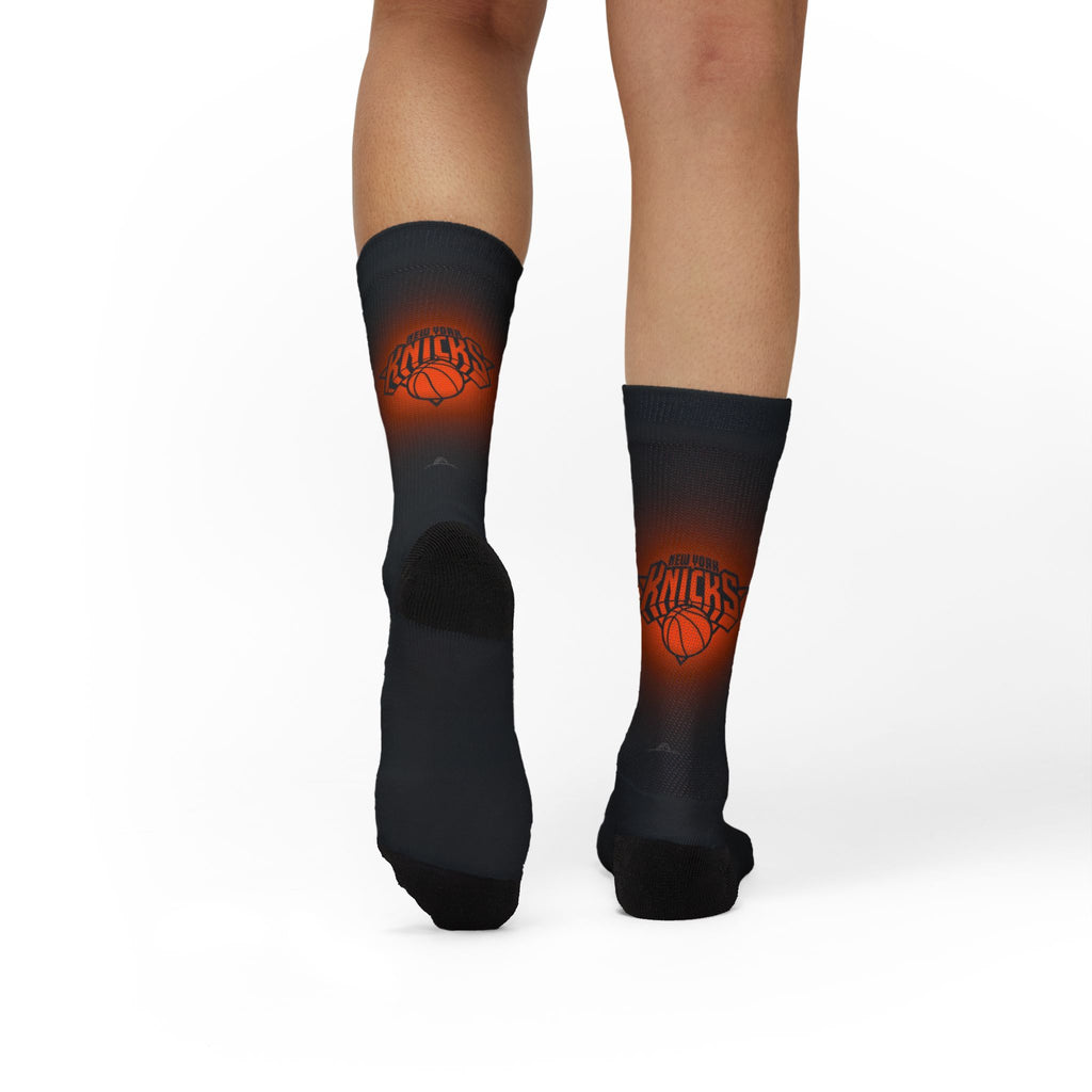 Basketball-Inspired Pattern Crew Socks — Retro Sports Sublimation Socks — Orange Gradient Crew Socks for Fans