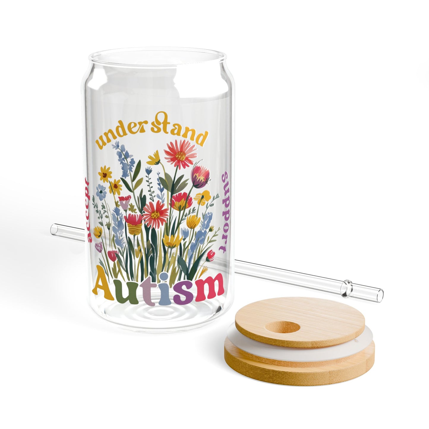 Autism Awareness & Pride Collection Floral Autism Awareness Sipper Glass - 16oz with Bamboo Lid
