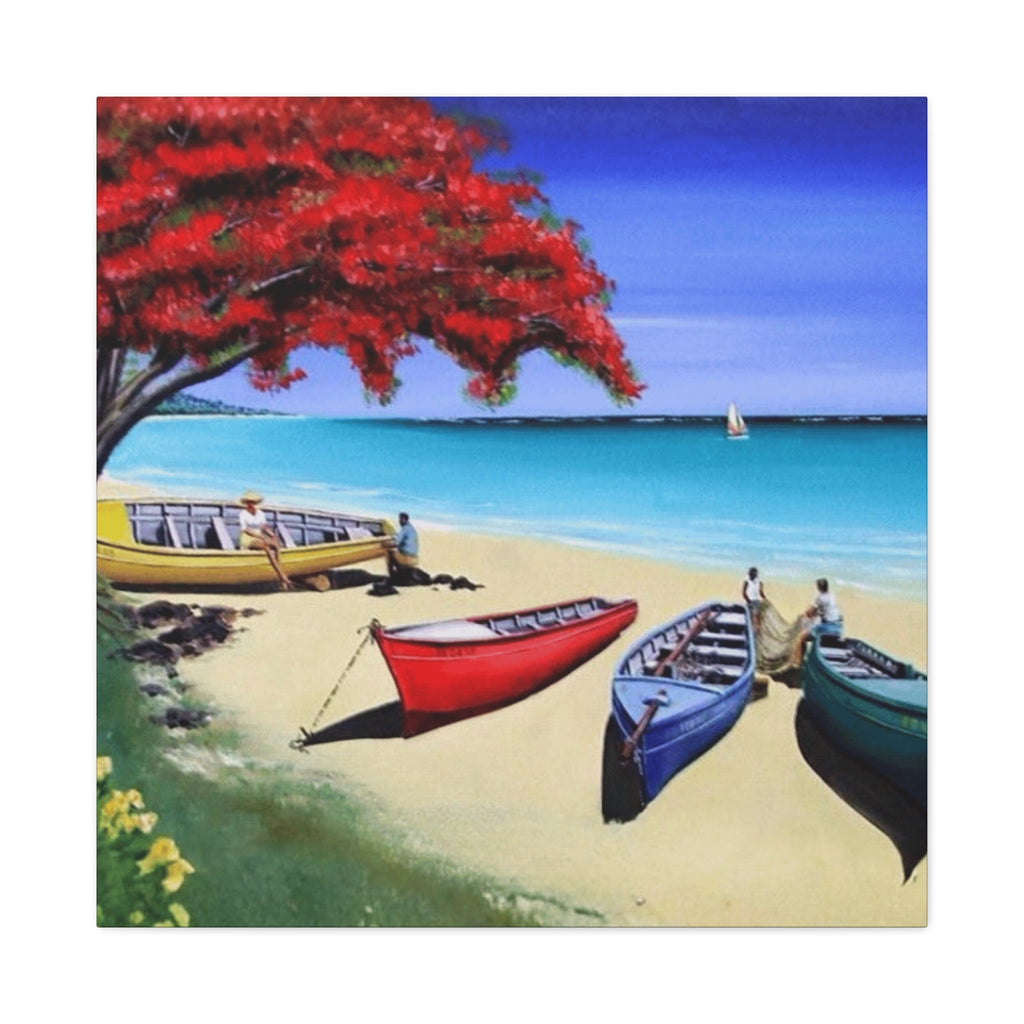 Beach Canoes Canvas Wall Art Tropical Seaside Landscape Matte Stretched Canvas