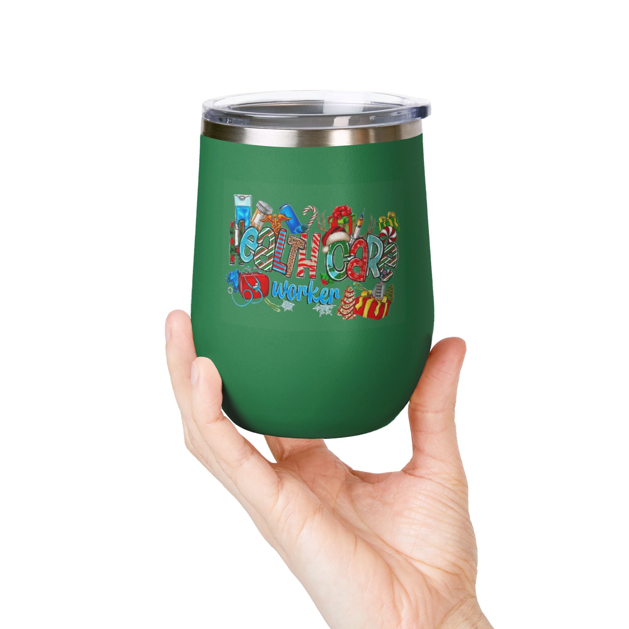 Healthcare Worker 12oz Wine Tumbler — Colorful Holiday Medical Staff Gift Medical Christmas Mug