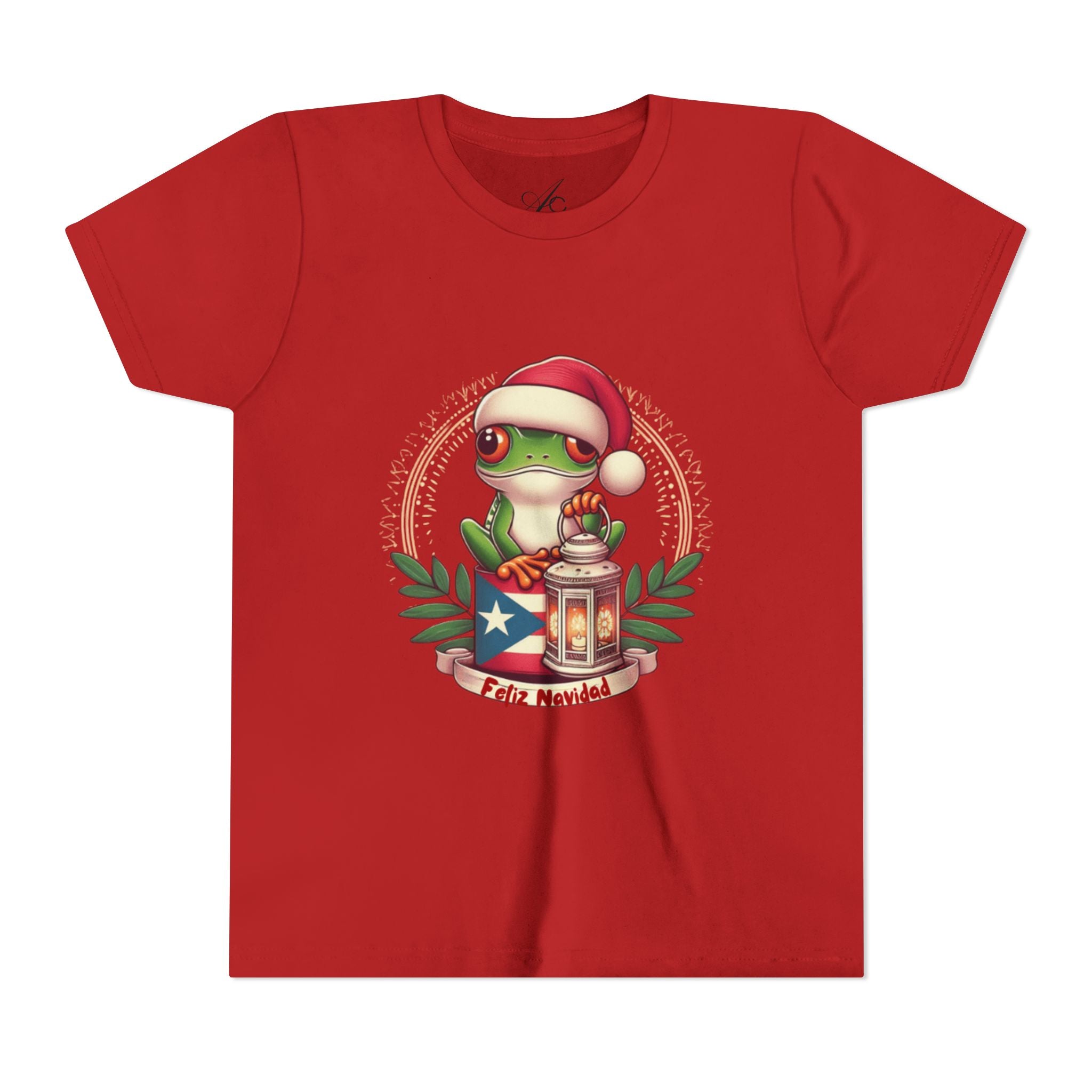 Kids Tee Cute Frog with Puerto Rican Flag & Lantern (Feliz Navidad)