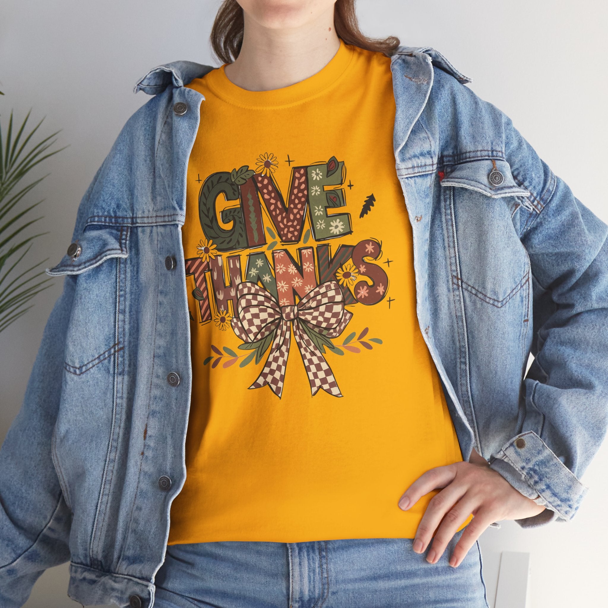 Give Thanks Tee Thanksgiving Graphic T-Shirt with Rustic Bow Design