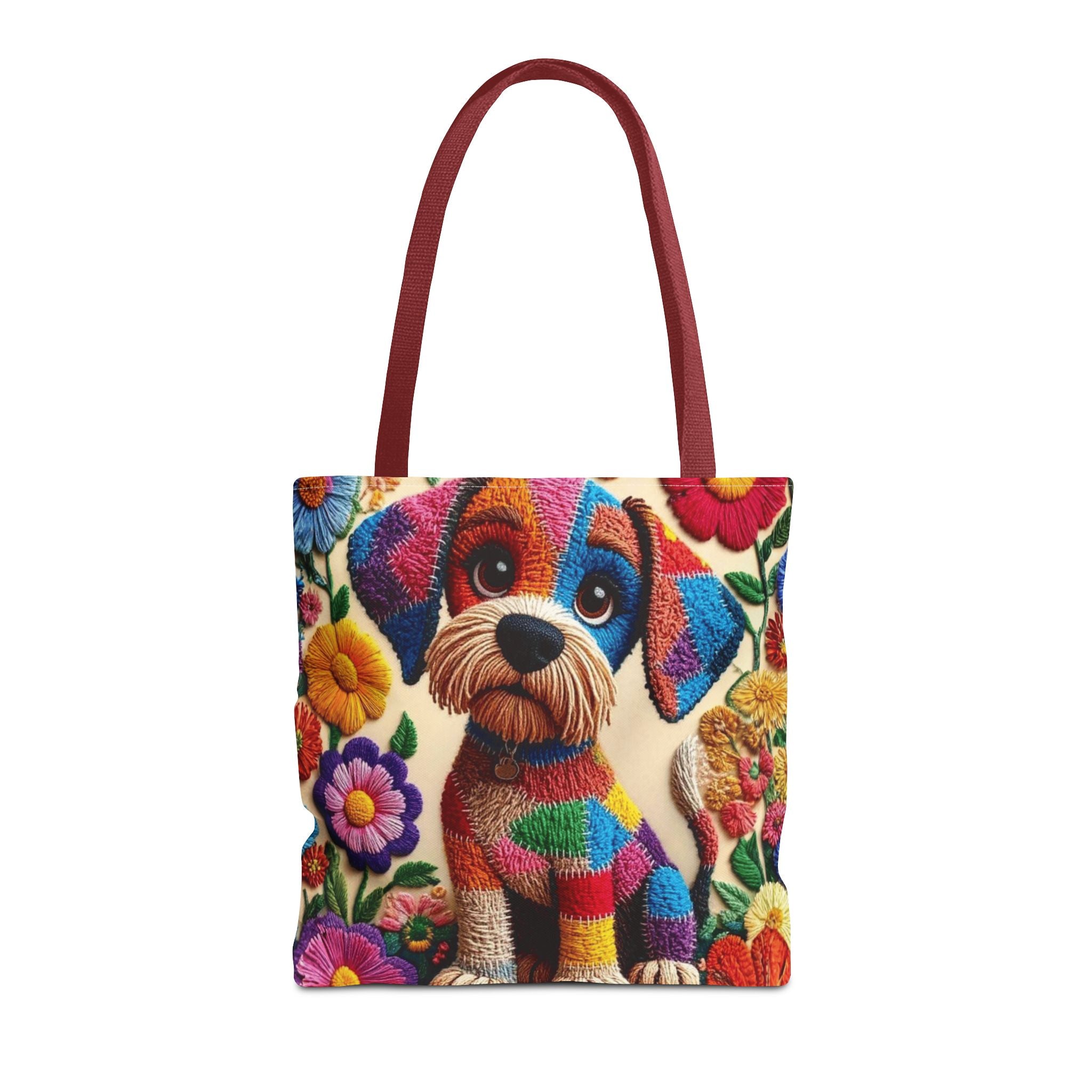Colorful Patchwork Puppy Tote Bag — Cute Dog Floral AOP Shopper Crochet-Decorated Tote Bags