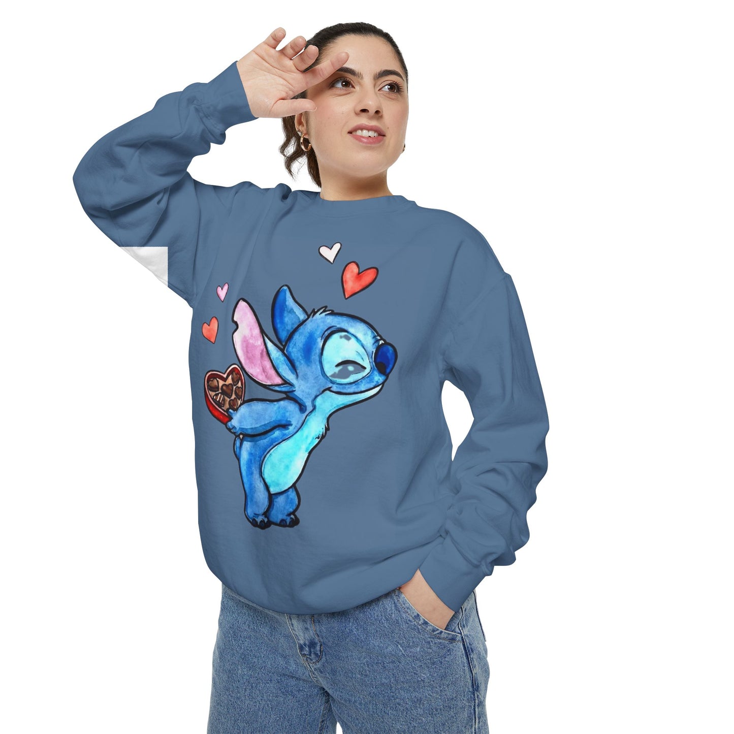Stitch Valentine Sweatshirt — Cute Blue Alien with Hearts & Chocolate Pocket