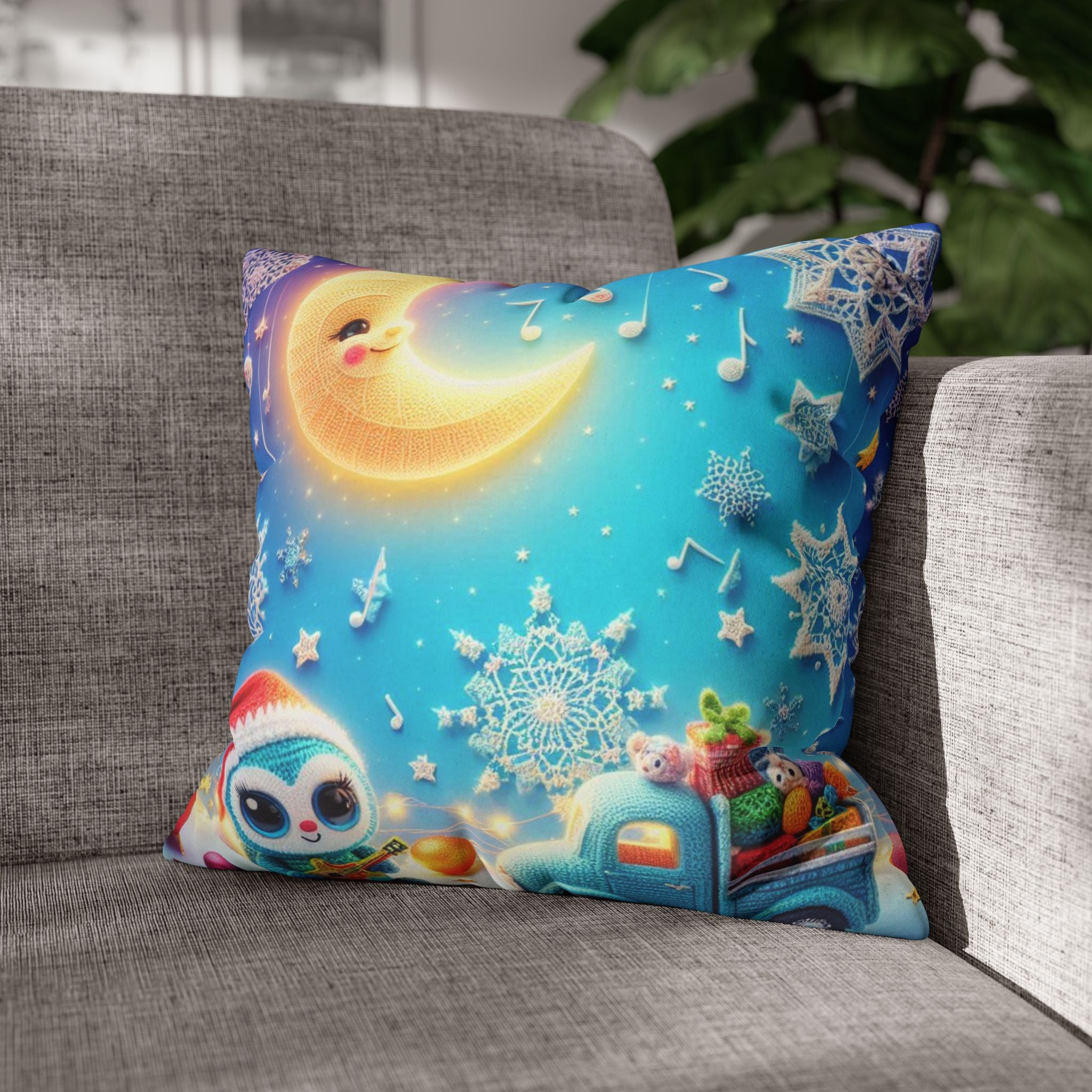 Whimsical Moon & Penguin Holiday Pillowcase  Faux Suede Square Throw Pillow