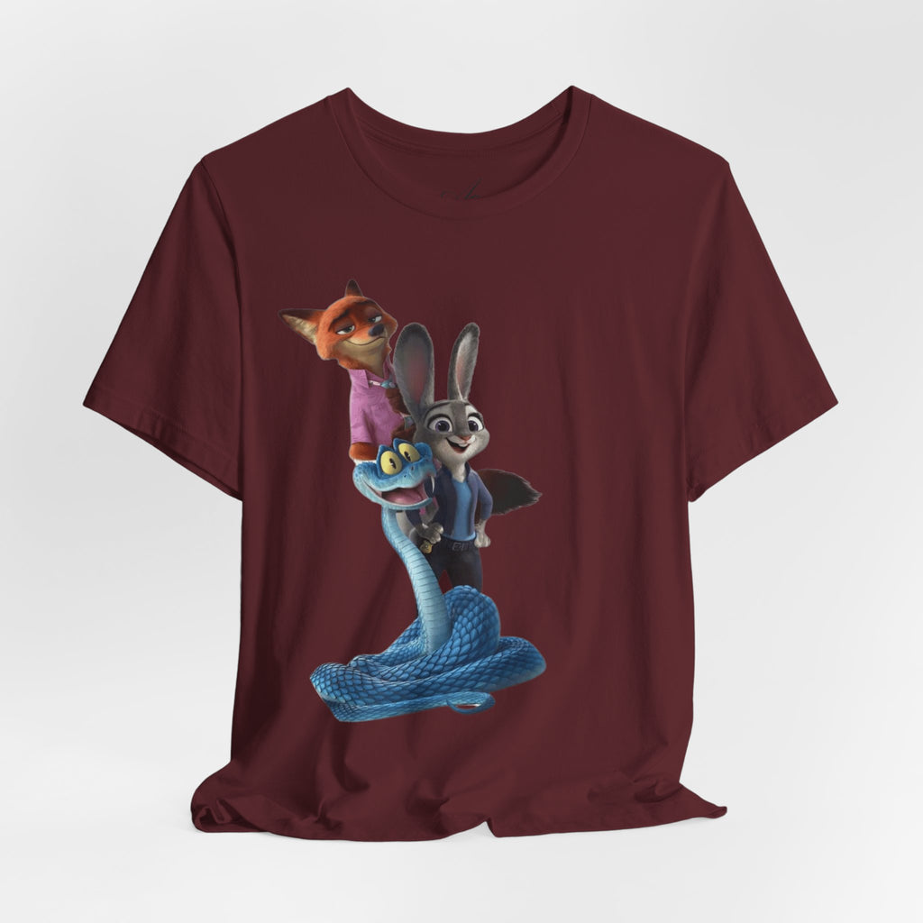 Animated Character Tee — Cute Fox & Bunny Stack Graphic T-Shirt  cartoon-style Christmas artwork