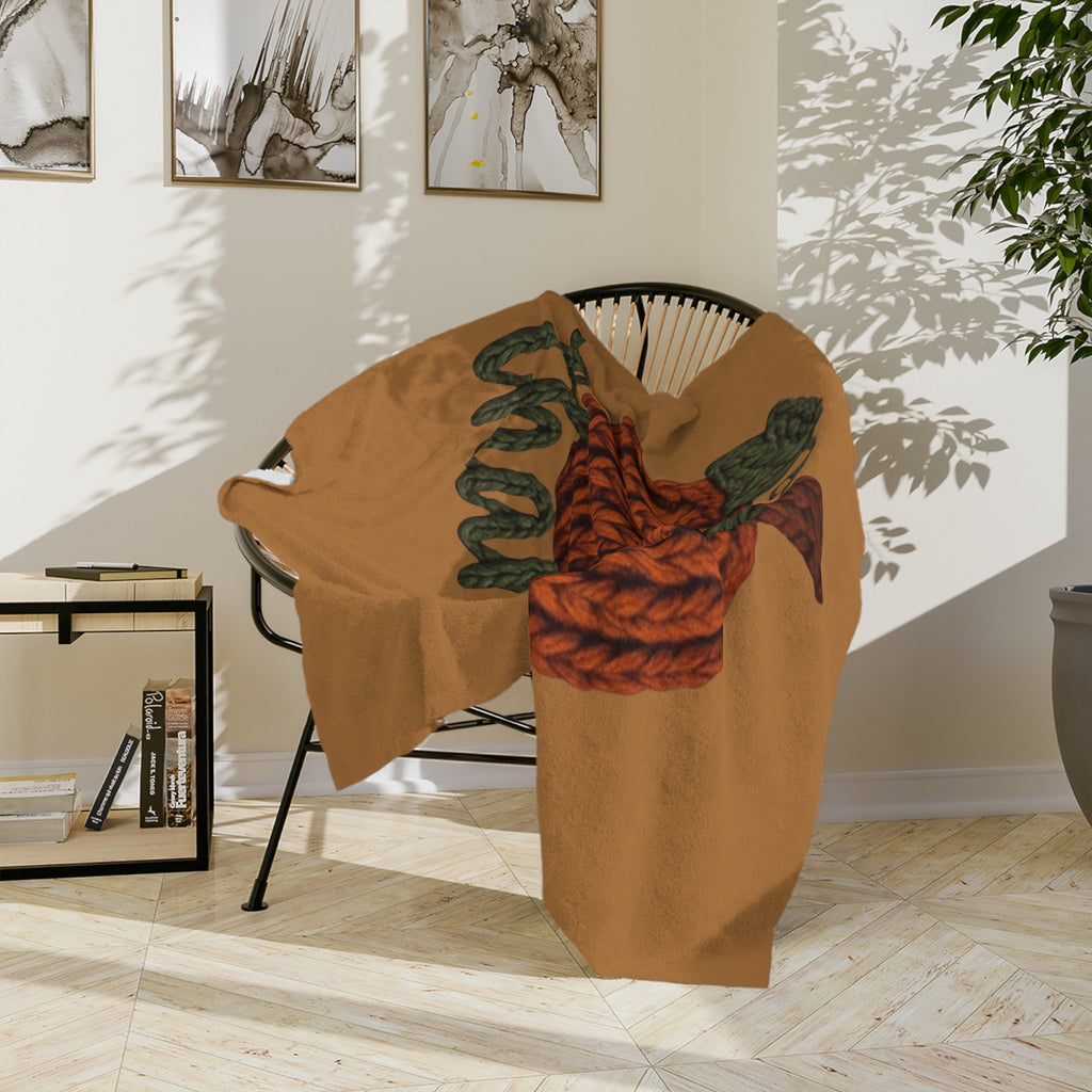Holiday Christmas Blanket, Thankful Knit Pumpkin Velveteen Blanket