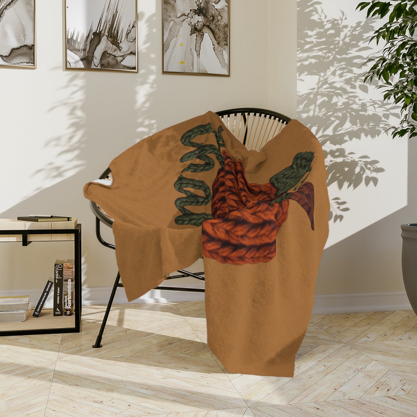 Holiday Christmas Blanket, Thankful Knit Pumpkin Velveteen Blanket