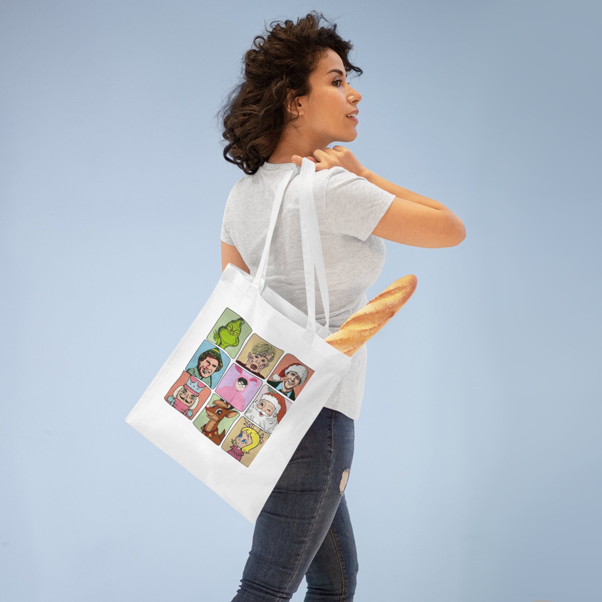 Holiday Movie Character Tote Bag  Retro Christmas Icons Grid Christmas Tote Bag  Boricua Bento