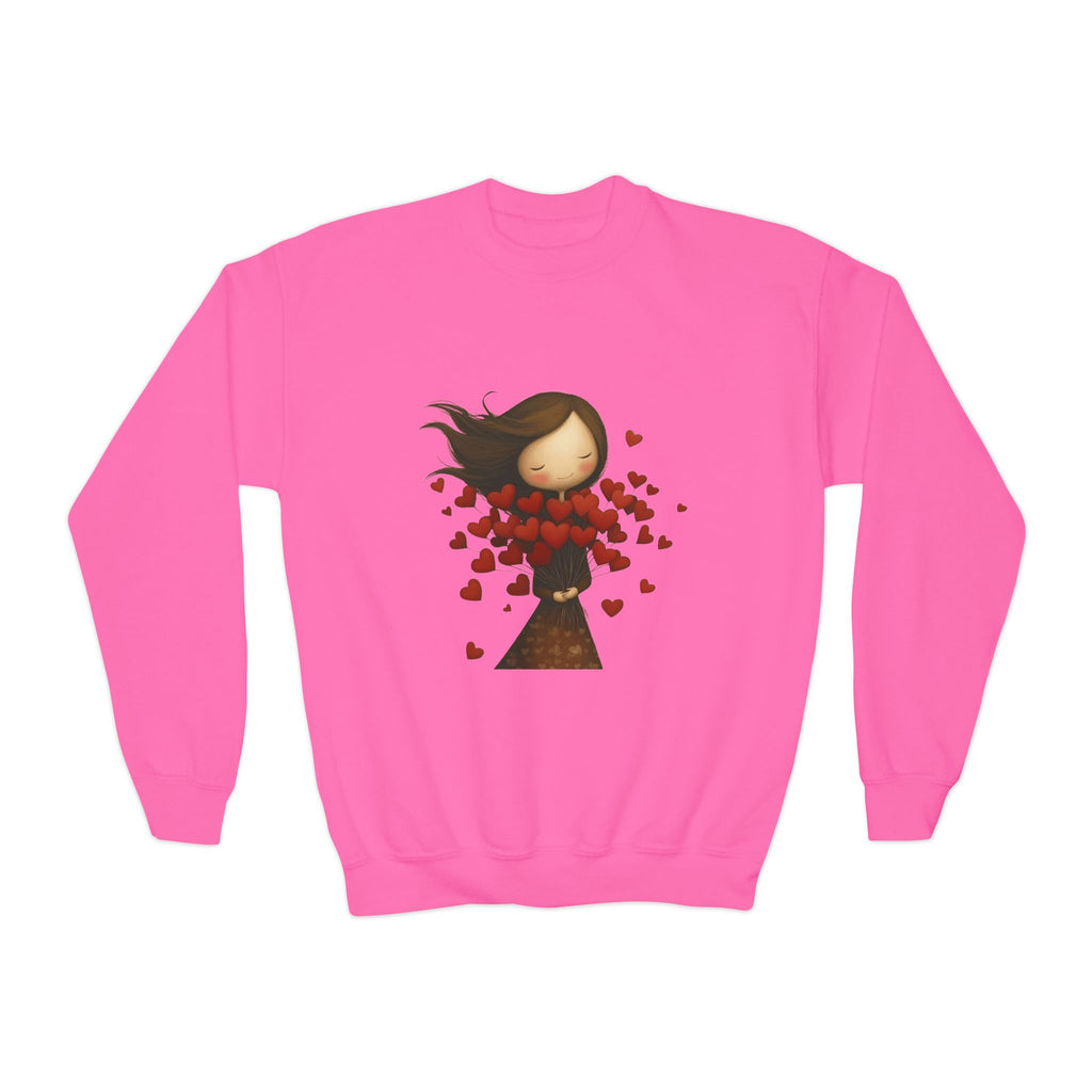 Youth Sweatshirt  Cute Girl with Heart Shower "Love Bug" Crewneck