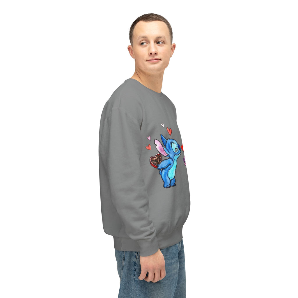 Cute Stitch Valentine Sweatshirt — Blue & Pink Love Characters with Hearts